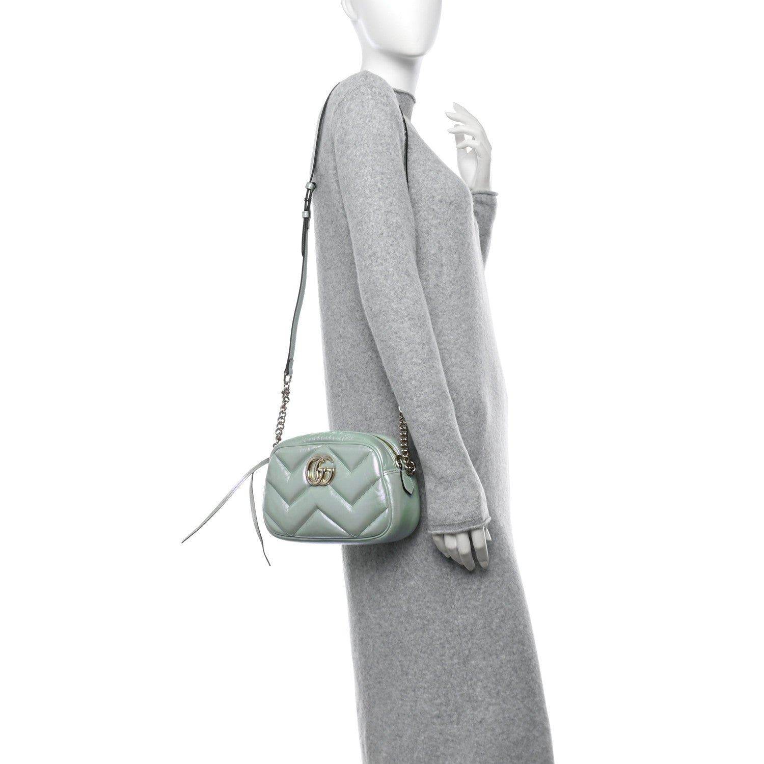 Gucci Iridescent Nappa Chevron Matelasse Small GG Marmont Chain Shoulder Bag Iridescent Salvy Green 2 of 11