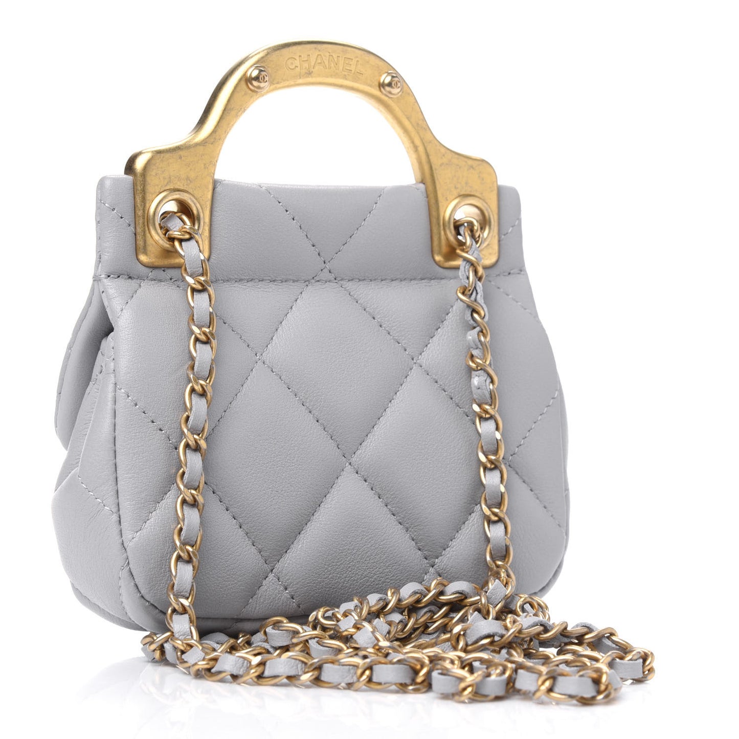 Calfskin Quilted Lady Handle Flap Card Holder With Chain Grey
