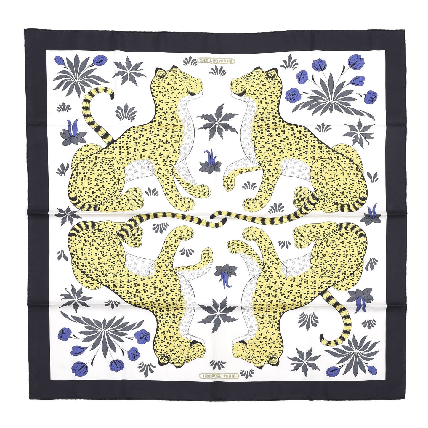 Silk Les Leopards Scarf 90 Black Blanc Jaune D'Or