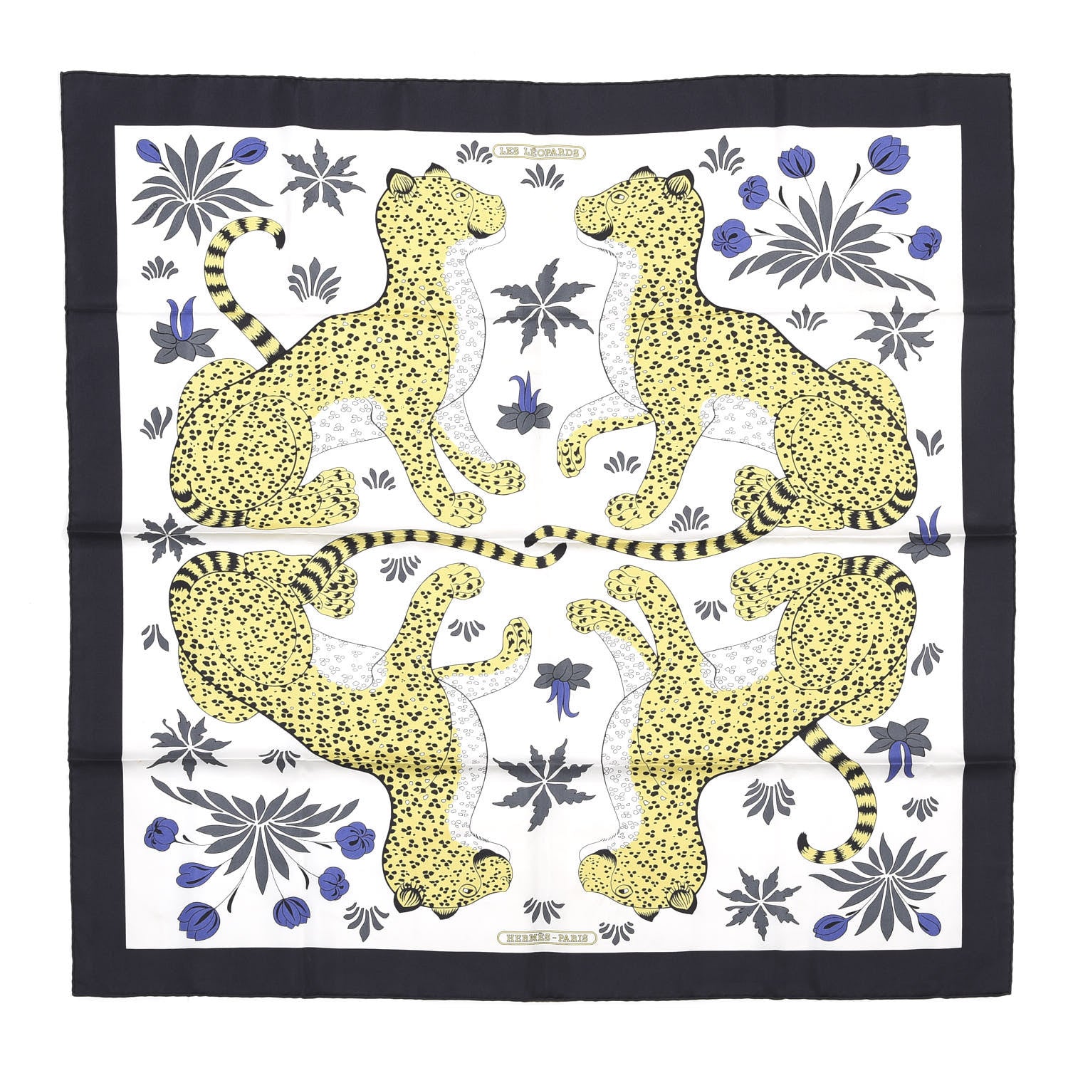 Hermes Silk Les Leopards Scarf 90 Black Blanc Jaune D'Or 1 of 3
