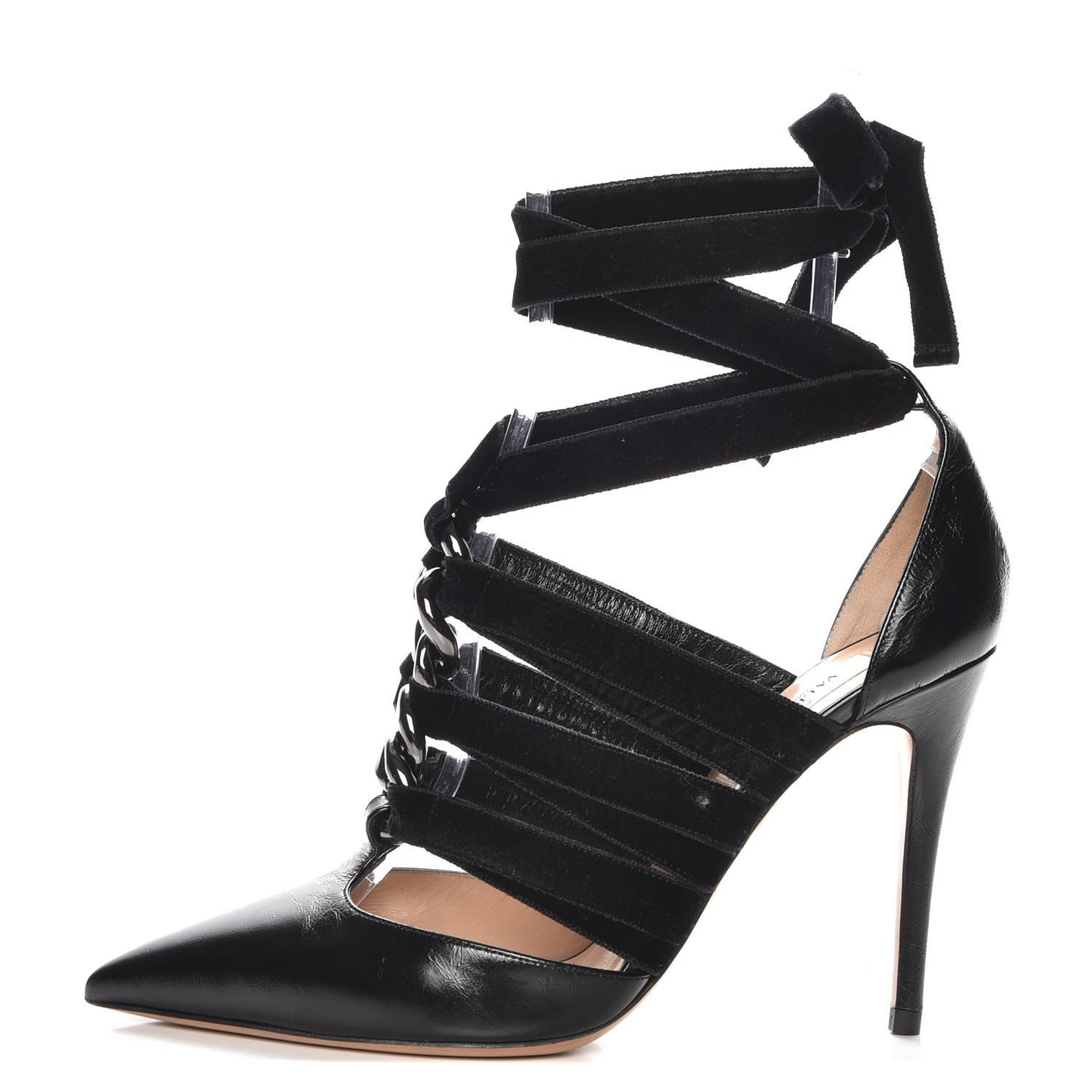 Calfskin Velvet Chain Lace Up Pumps 37.5 Black