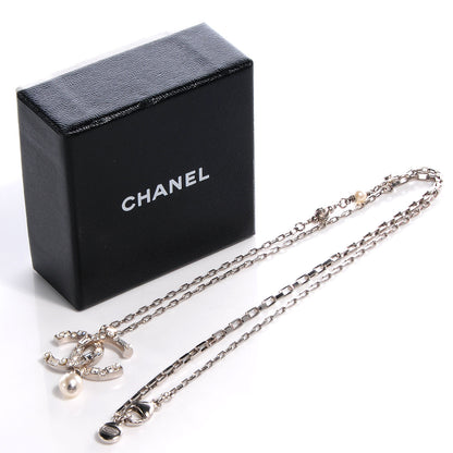 Chanel Pearl Crystal Baguette CC Chain Long Necklace Silver 4 of 5