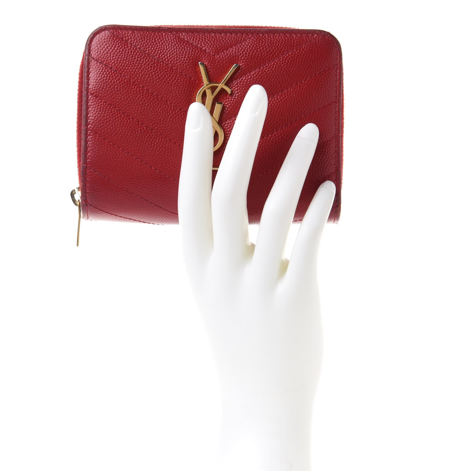 Saint Laurent Grain De Poudre Matelasse Chevron Monogram Compact Zip Around Wallet Rouge Eros 2 of 9