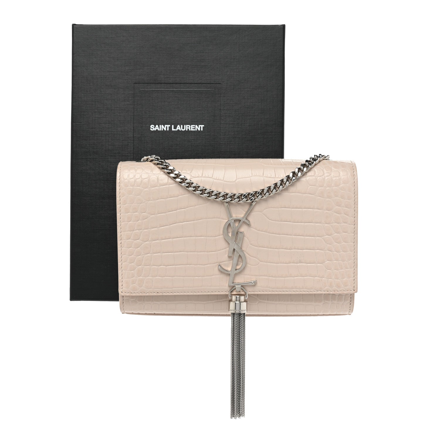 Saint Laurent Calfskin Crocodile Embossed Small Classic Monogram Kate Tassel Satchel Crema Soft 22 of 22