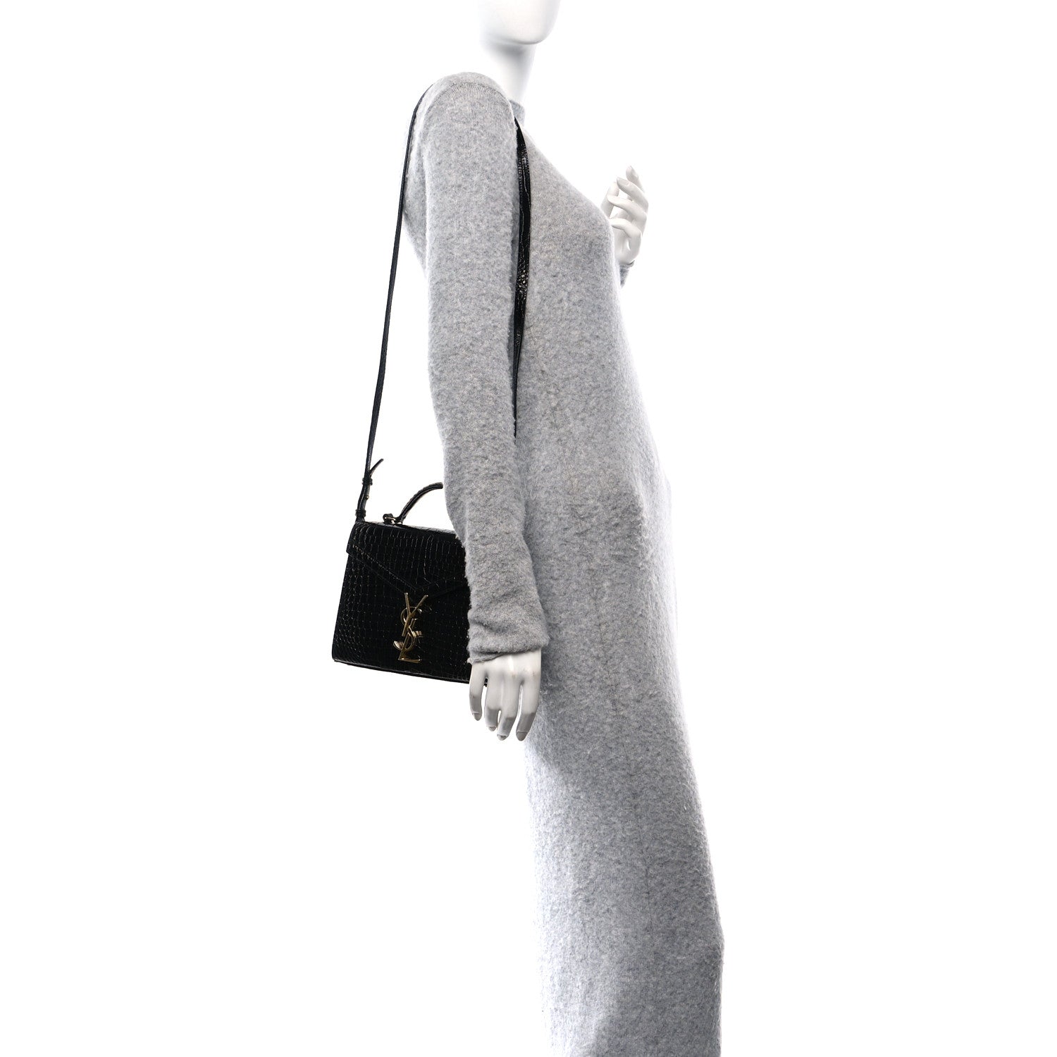 Saint Laurent Calfskin Crocodile Embossed Mini Classic Monogram Cassandra Top Handle Black 2 of 12