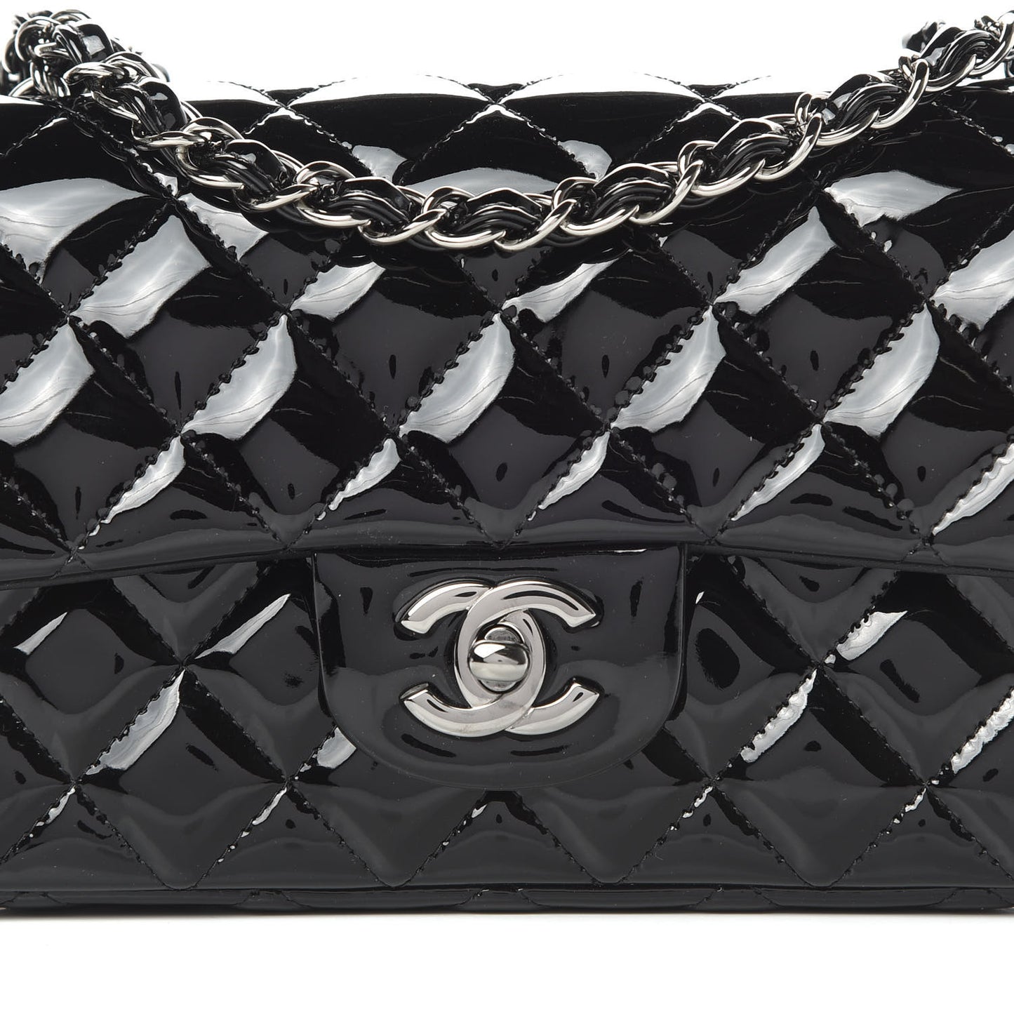 Patent Calfskin Quilted Mini Rectangular Flap Black