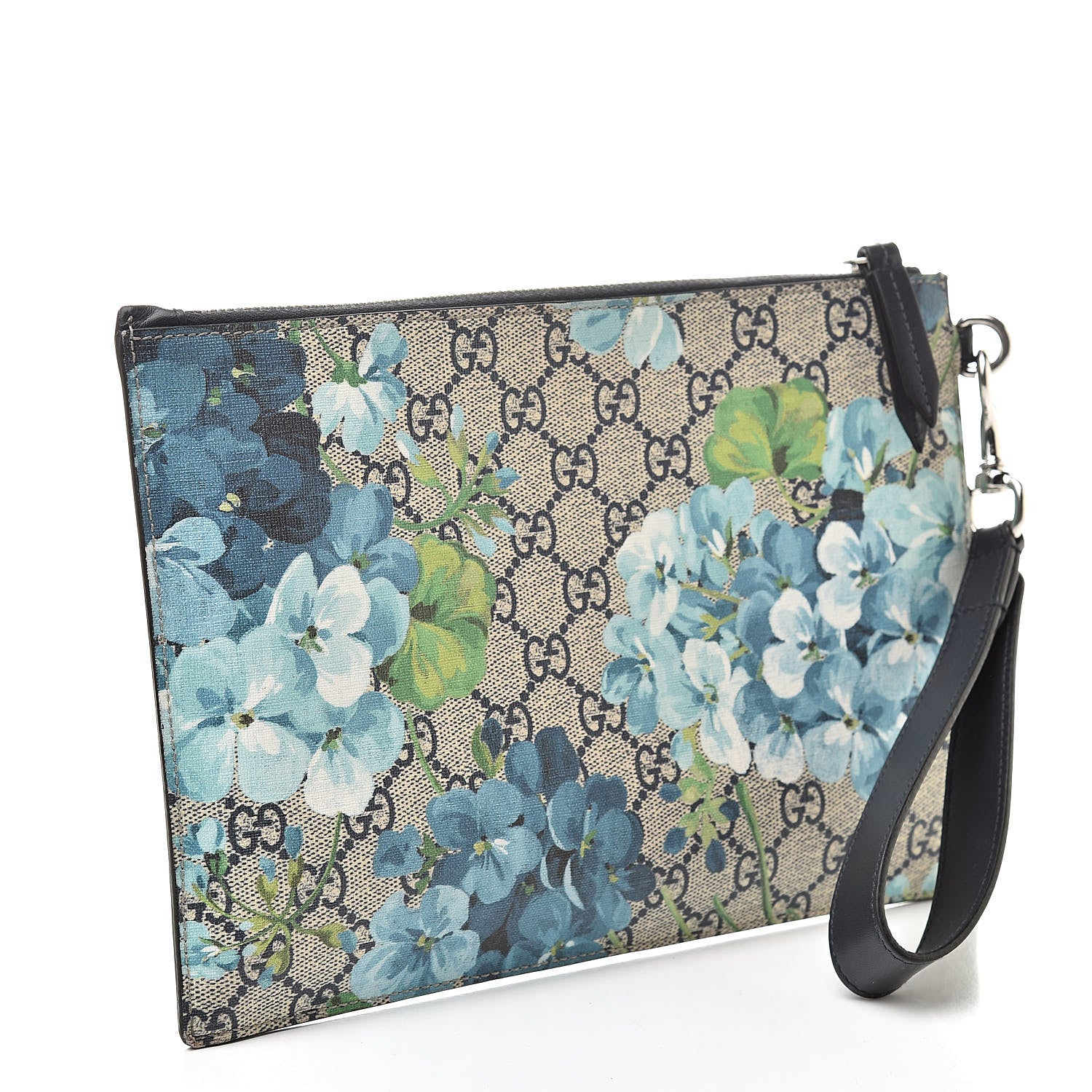 Gucci GG Supreme Monogram Blooms Small Zip Wristlet Pouch Beige Blue Black 3 of 8