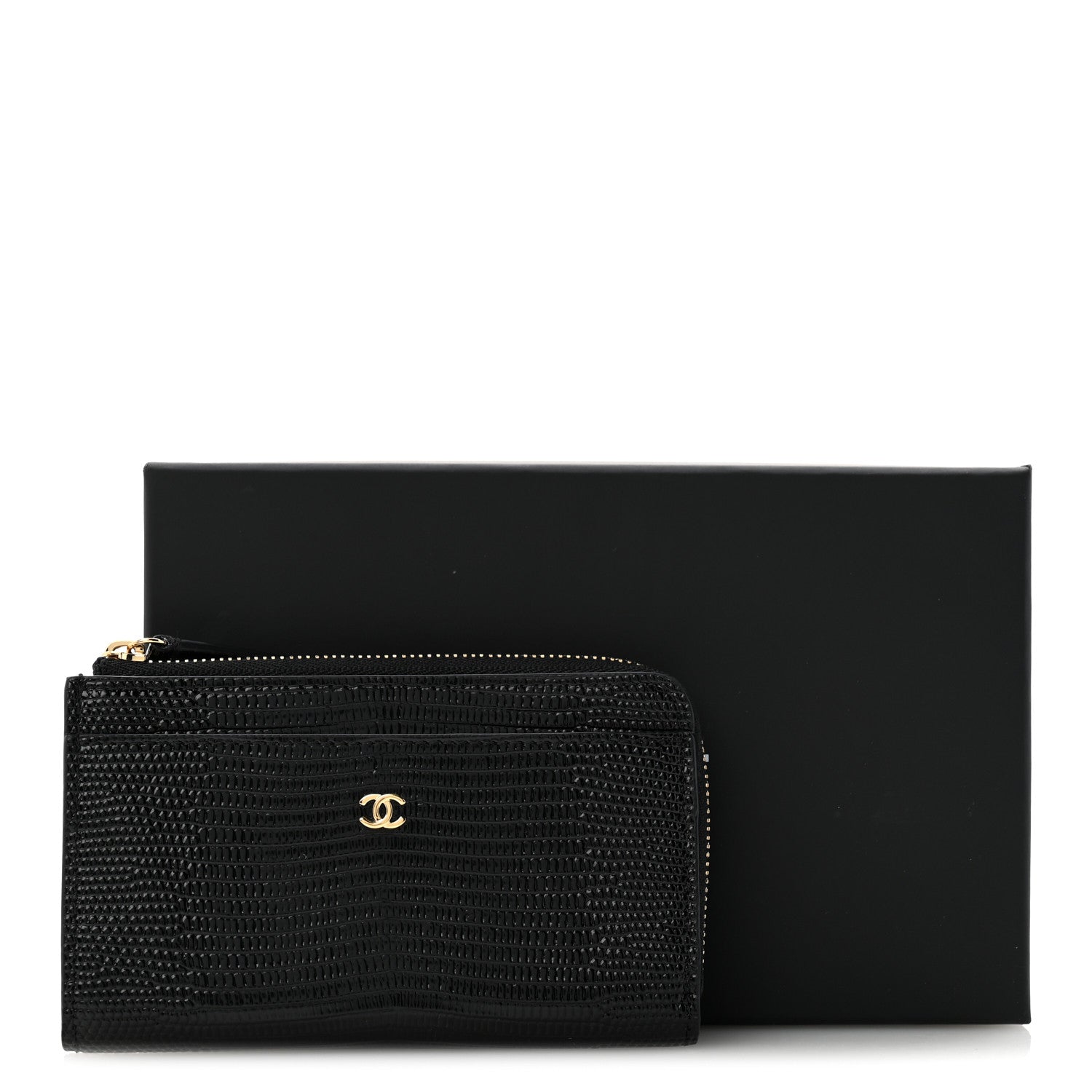 Chanel Calfskin Lizard Embossed Zip Card Holder Black 1940718