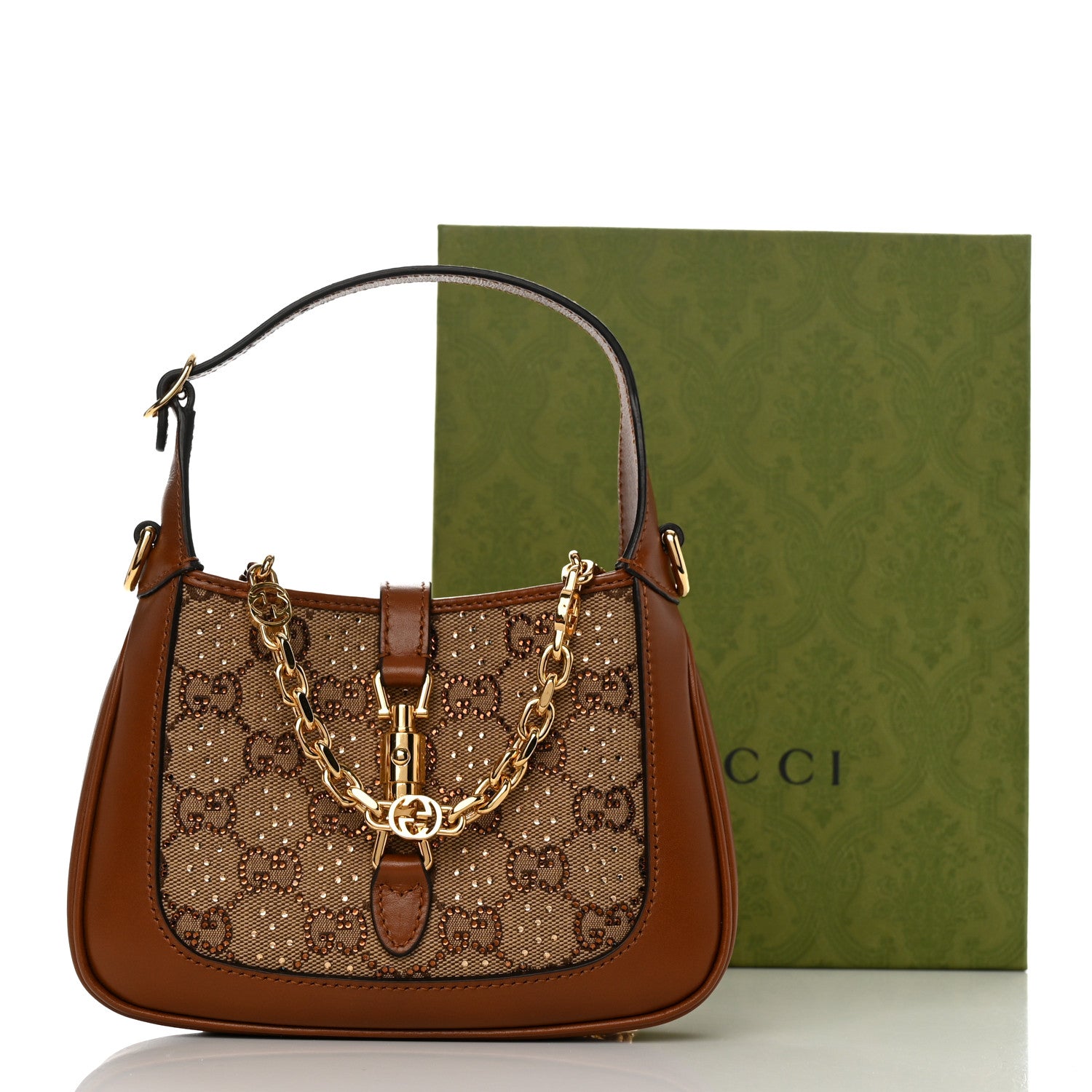 Gucci New Canvas Charisma Calfskin Crystal GG Monogram Mini Jackie 1961 Hobo Camel Ebony 11 of 11