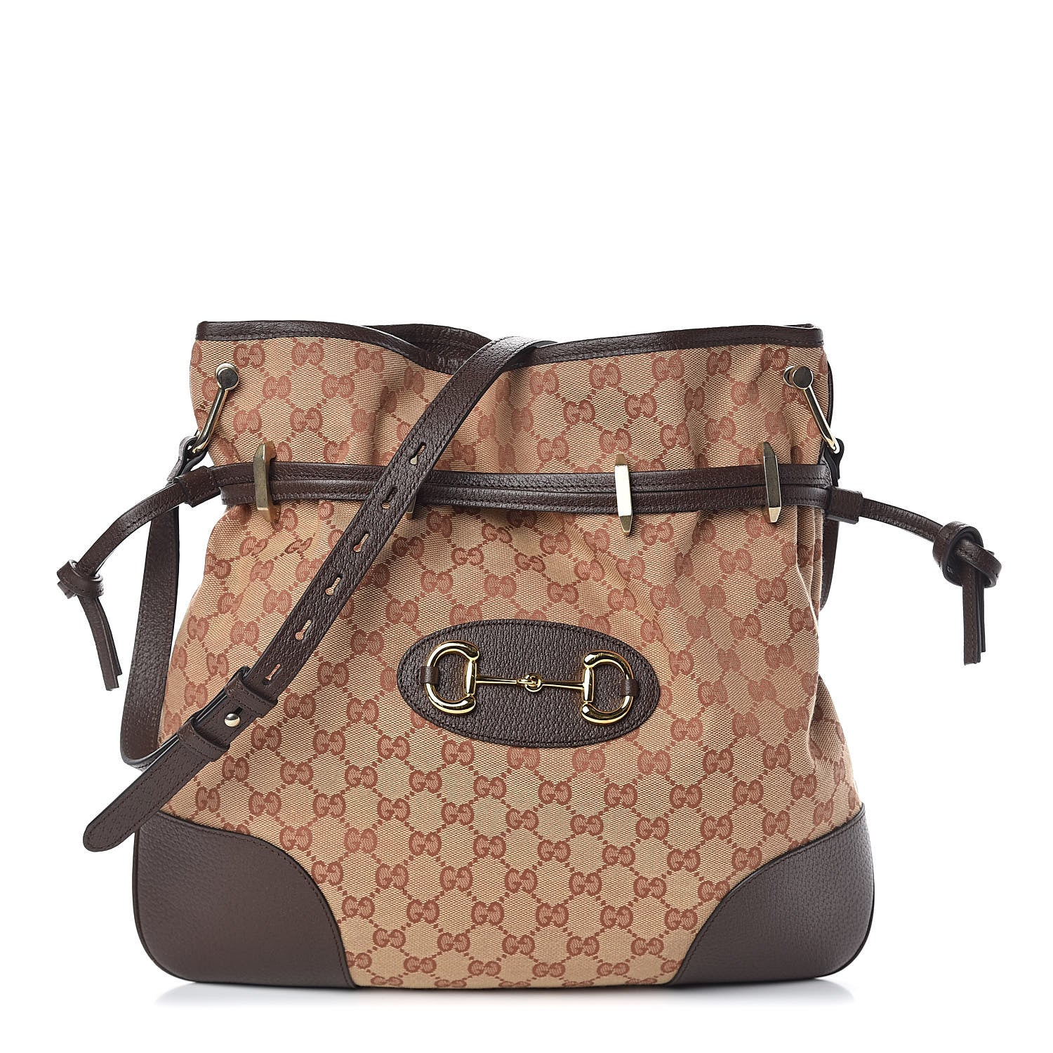 Gucci Monogram Textured Dollar Calfskin Horsebit 1955 Cinch Top Messenger Bag Beige Ebony Cocoa 1 of 9