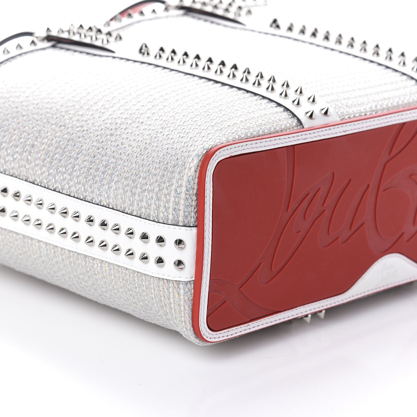 Calfskin Metallic Straw Spikes East West Cabata Tote White