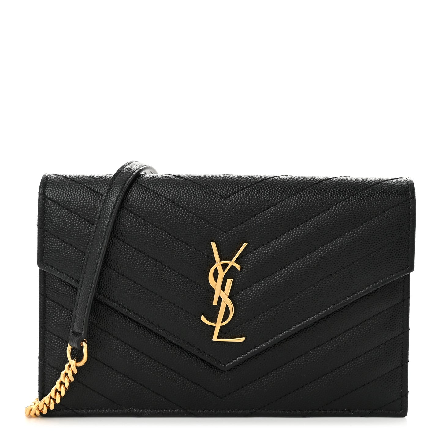 Grain De Poudre Matelasse Chevron Monogram Envelope Chain Wallet Black