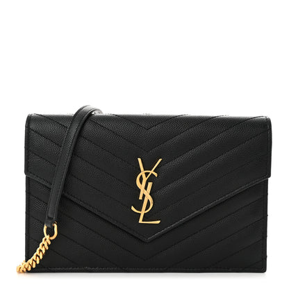 Saint Laurent Grain De Poudre Matelasse Chevron Monogram Envelope Chain Wallet Black 1 of 10