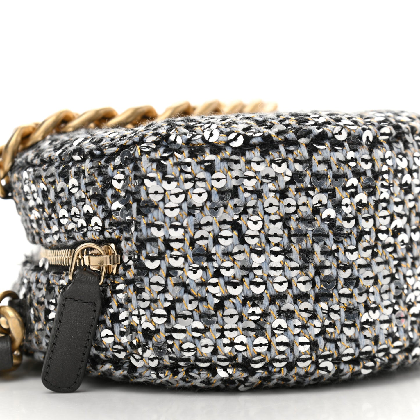 Sequin Chanel 19 Round Clutch With Chain Silver Black