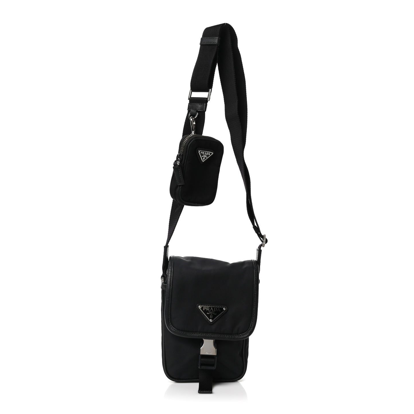 Re-Nylon Saffiano Mini Pocket Single Snap Buckle Messenger Bag Black