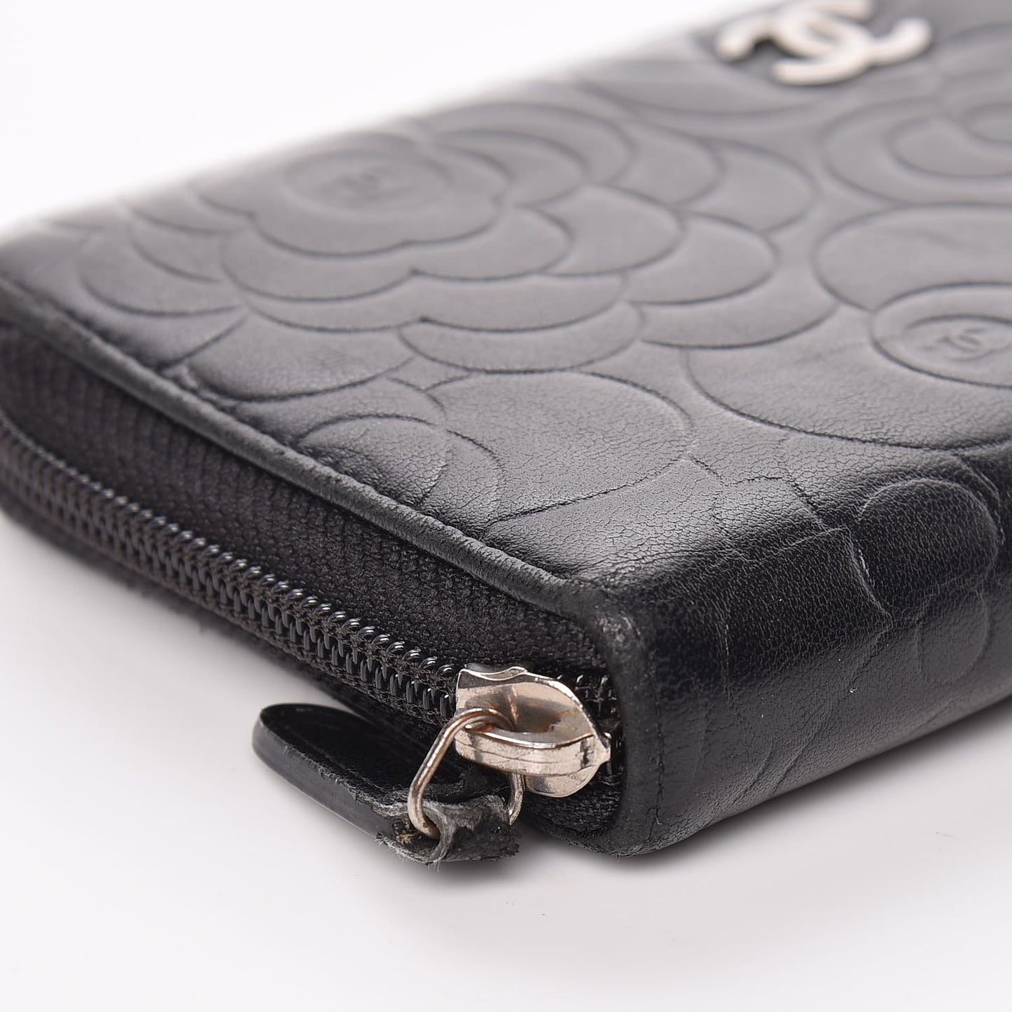 Lambskin Camellia Embossed Large Zip Around Gusset Wallet Black