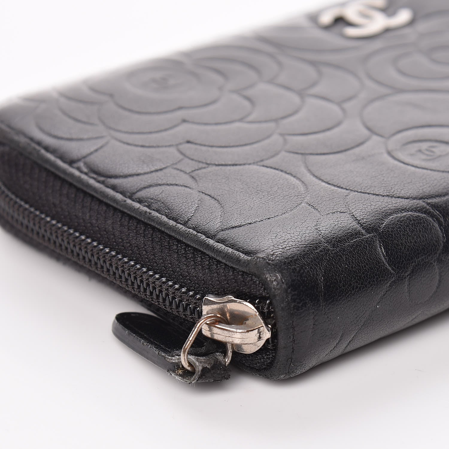 Chanel Lambskin Camellia Embossed Large Zip Around Gusset Wallet Black 9 of 14
