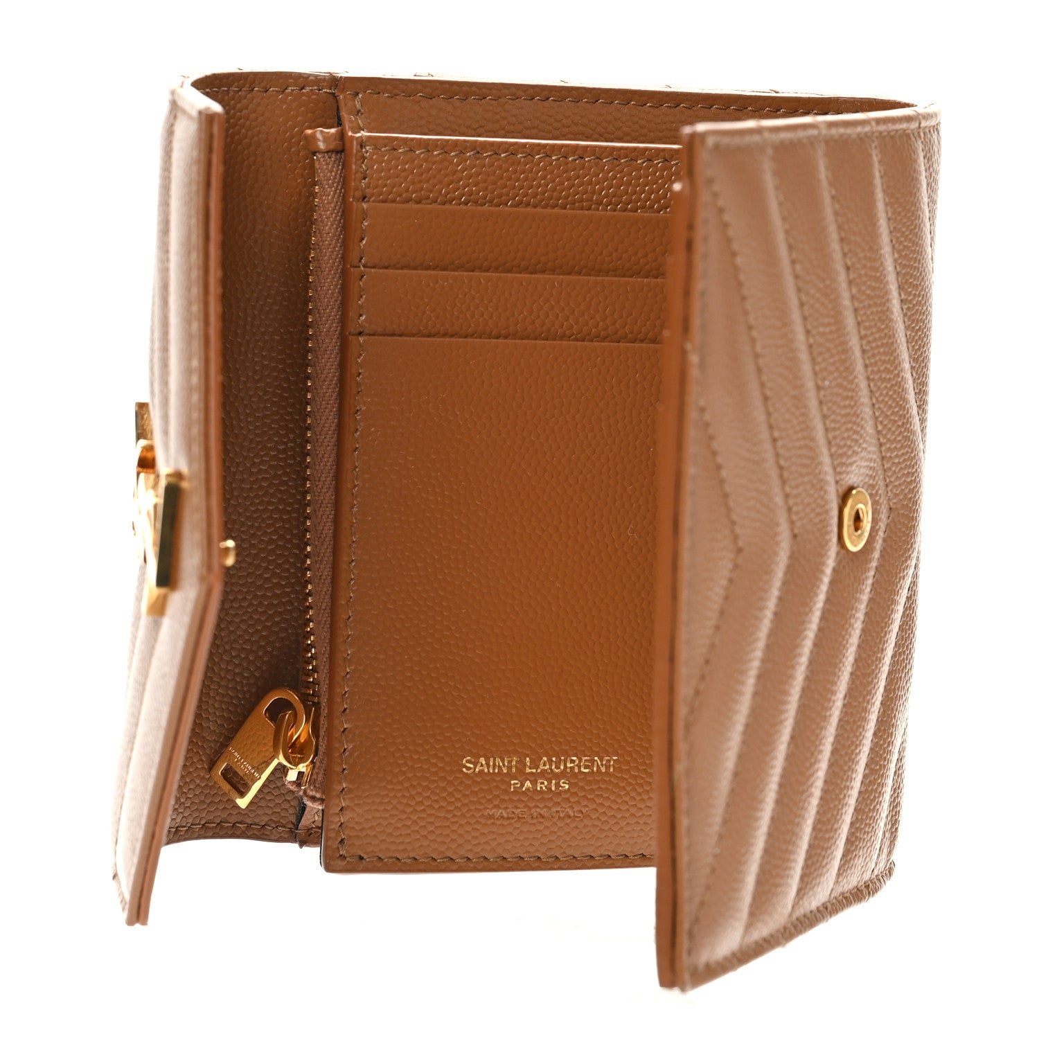 Saint Laurent Grain De Poudre Matelasse Chevron Monogram Compact Tri Fold Wallet Natural Dark 5 of 9
