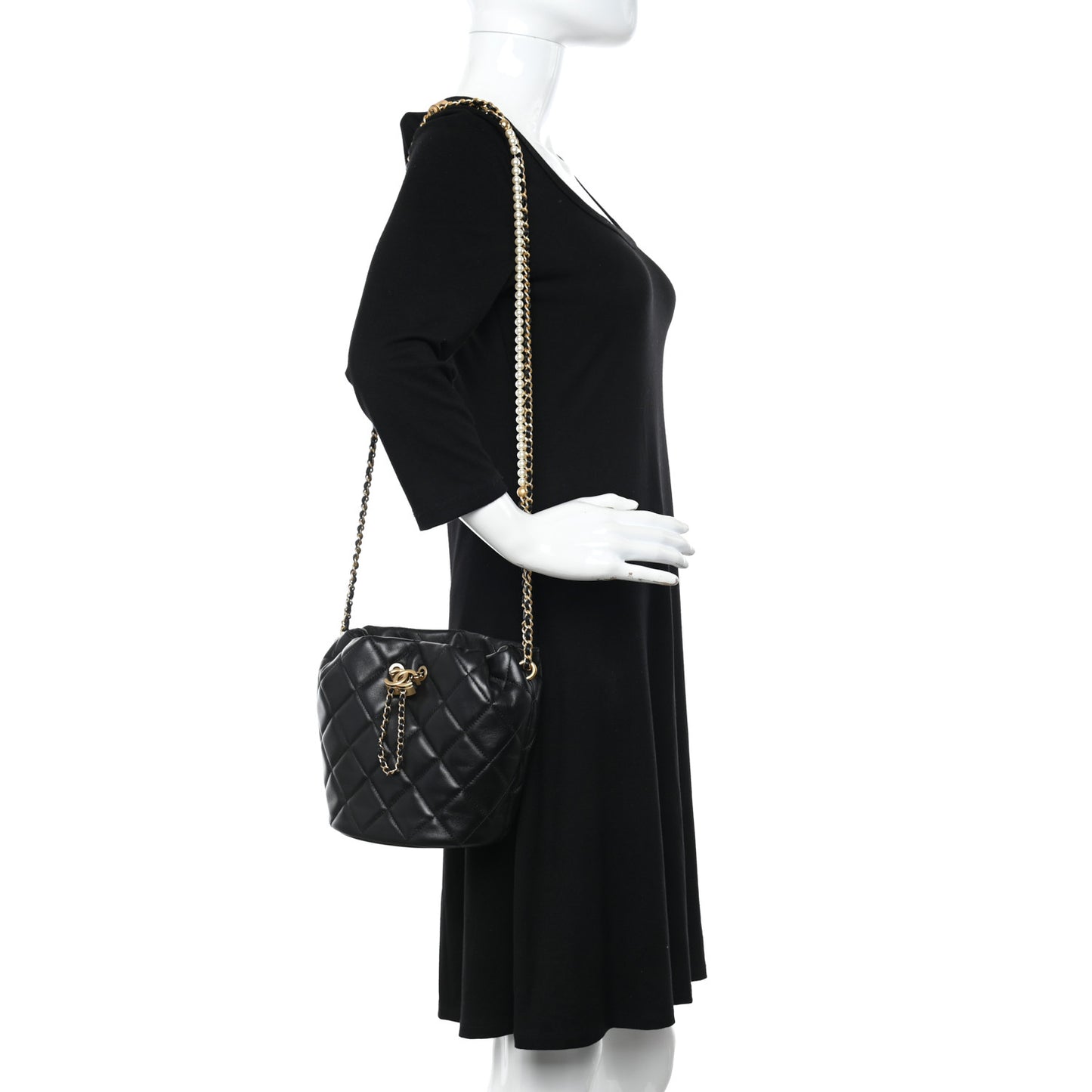 Lambskin Quilted My Perfect Chain Bucket Drawstring Bag Black