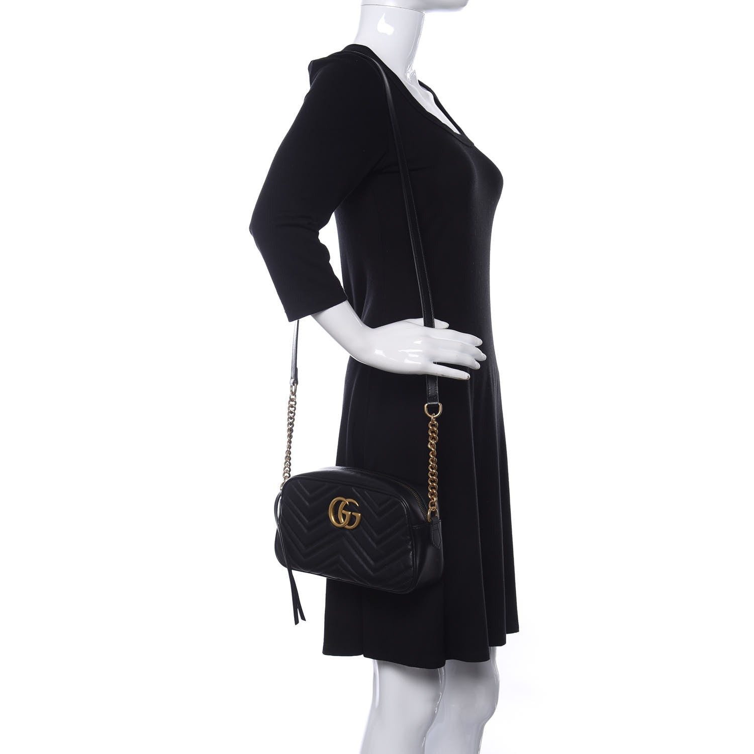 Gucci Calfskin Matelasse Small GG Marmont Chain Shoulder Bag Black 2 of 10