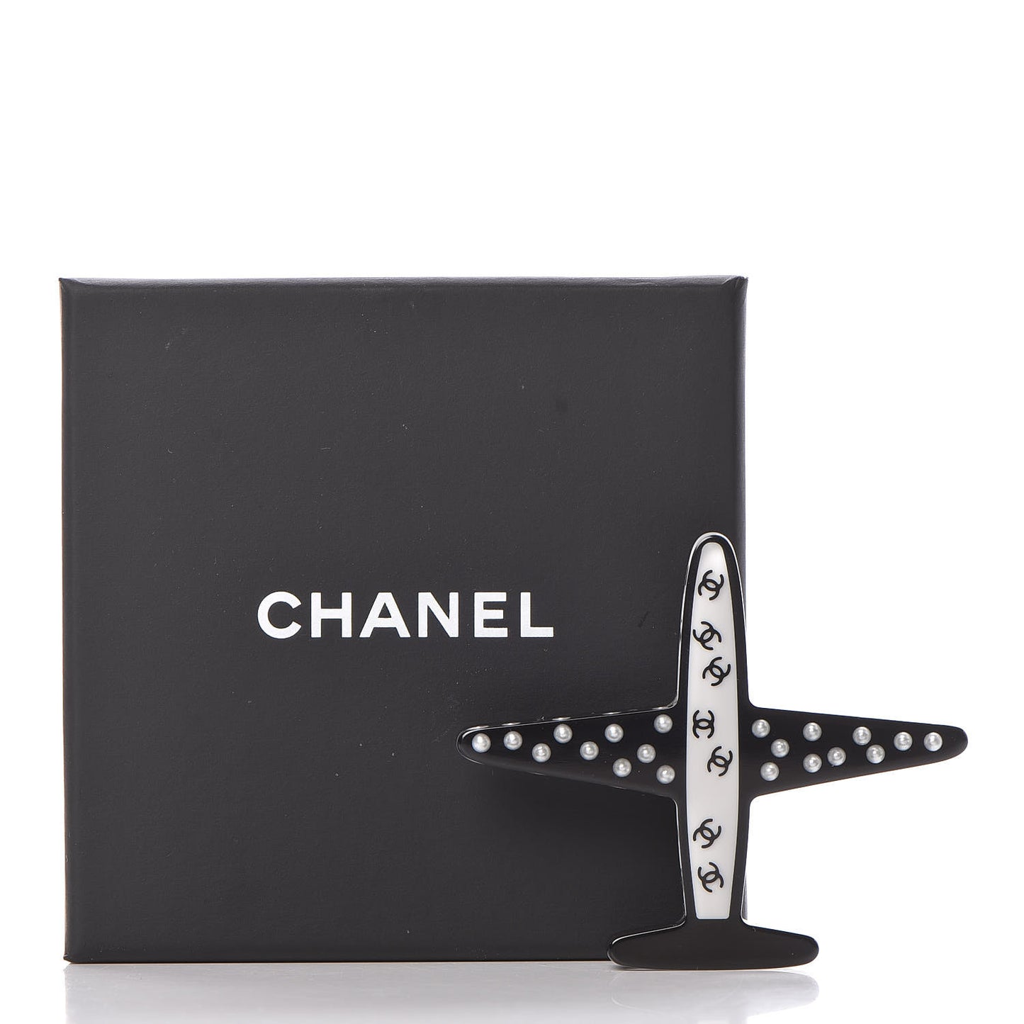 Resin Pearl CC Airplane Brooch Black White