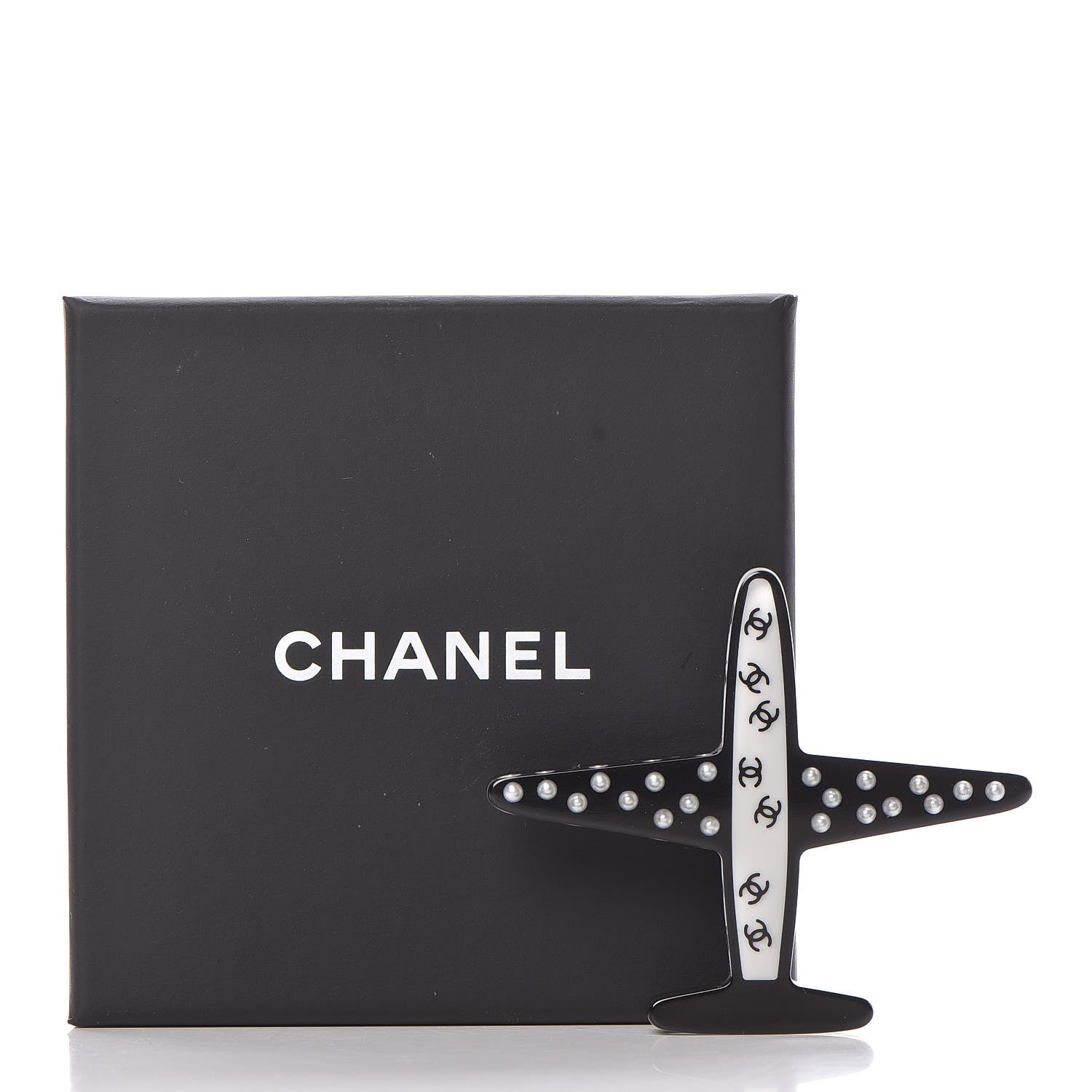 Chanel Resin Pearl CC Airplane Brooch Black White 6 of 6