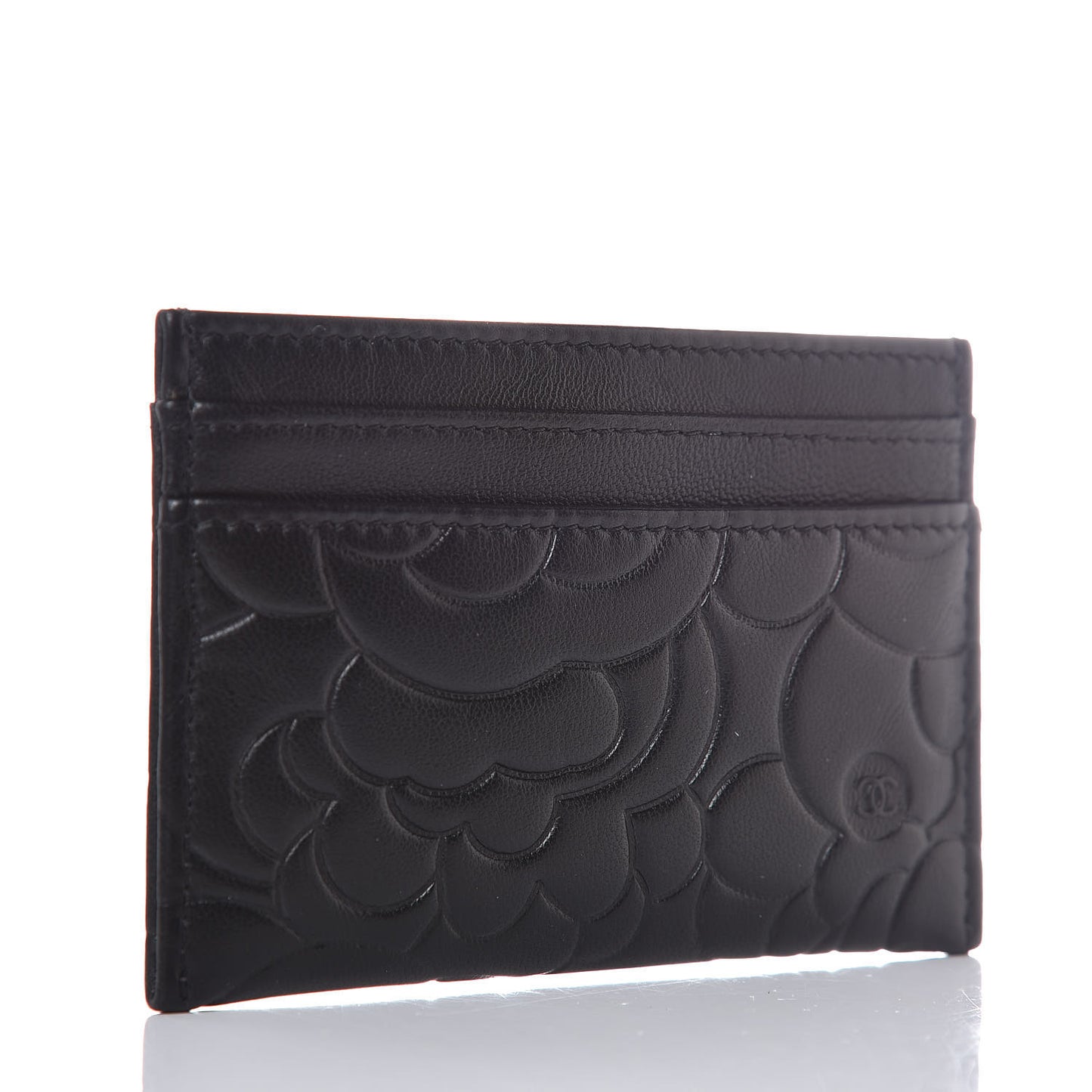 Lambskin Camellia Embossed Card Holder Black