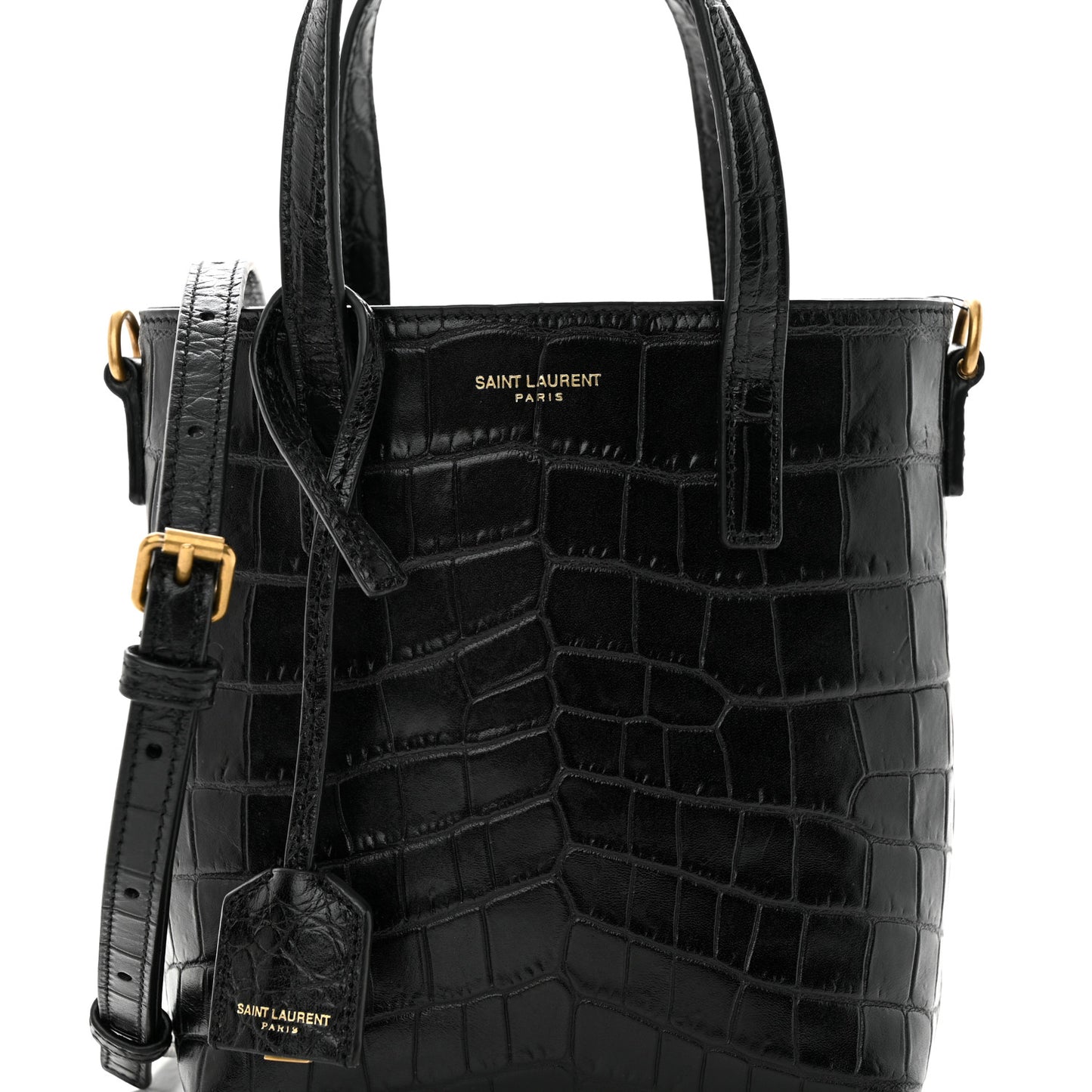 Calfskin Crocodile Embossed Paris Mini Toy Shopper Tote Black