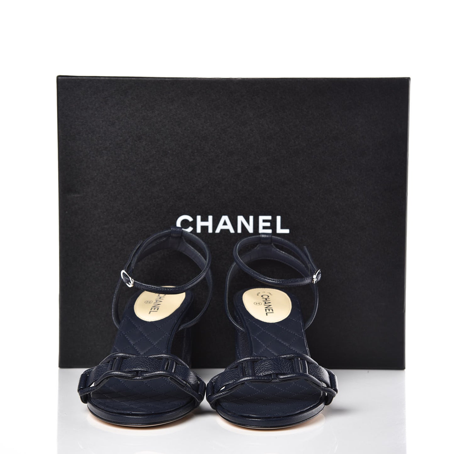 Grained Calfskin Quilted Sandals 38.5 Navy Blue