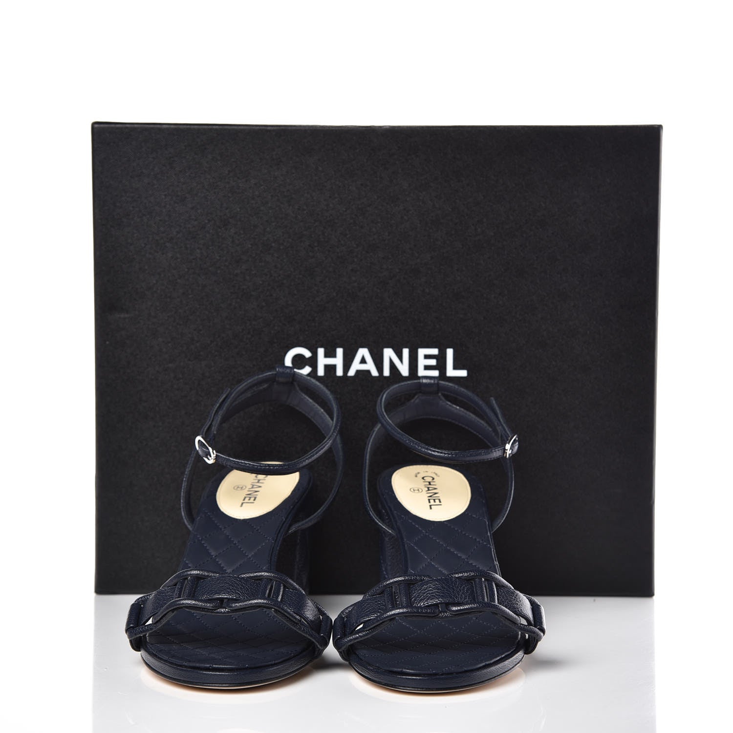 Chanel Grained Calfskin Quilted Sandals 38.5 Navy Blue 9 of 9