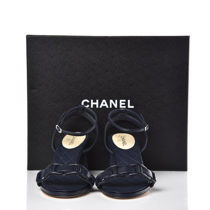 Chanel Grained Calfskin Quilted Sandals 38.5 Navy Blue 9 of 9