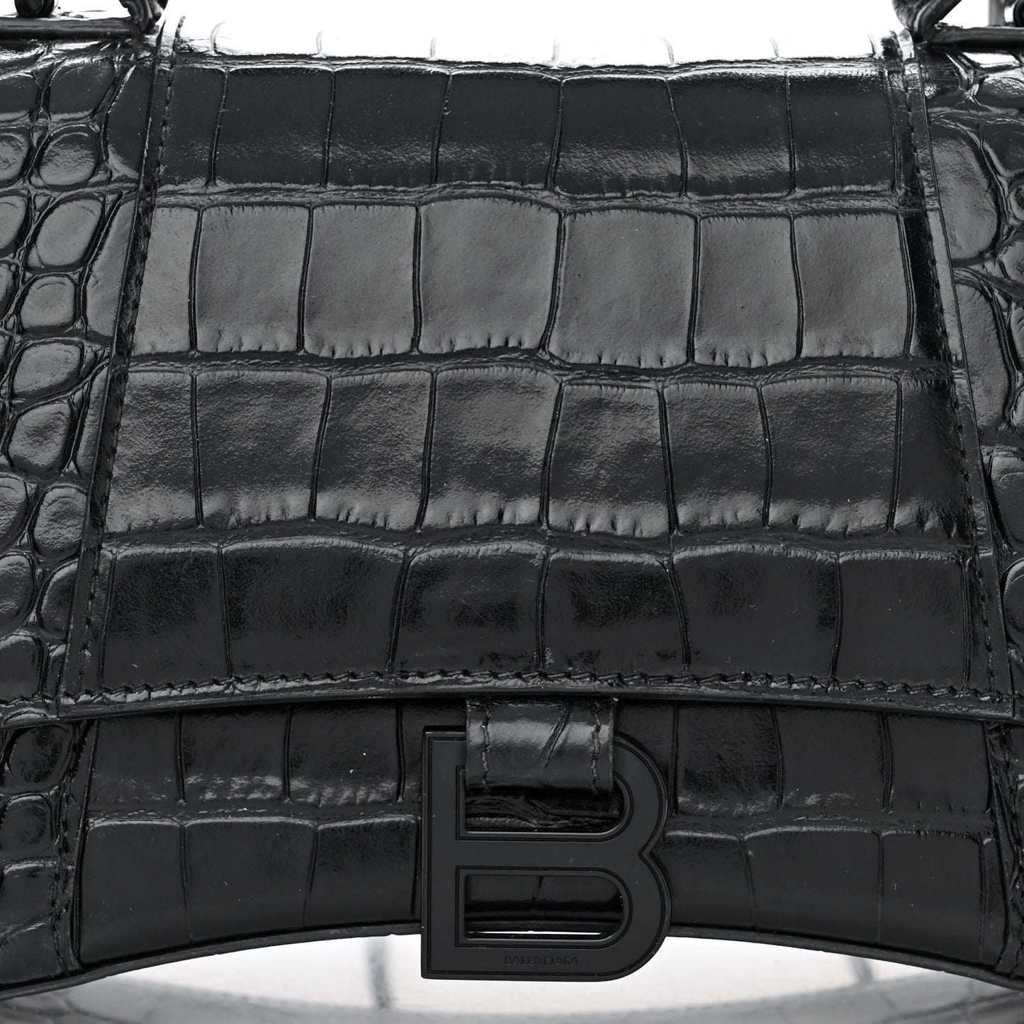 Shiny Calfskin Monochrome Crocodile Embossed Small Hourglass Top Handle Bag Black