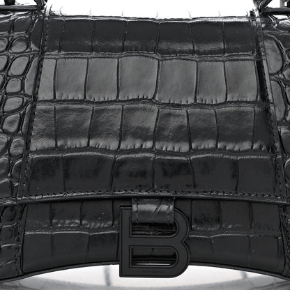 Balenciaga Shiny Calfskin Monochrome Crocodile Embossed Small Hourglass Top Handle Bag Black 9 of 15