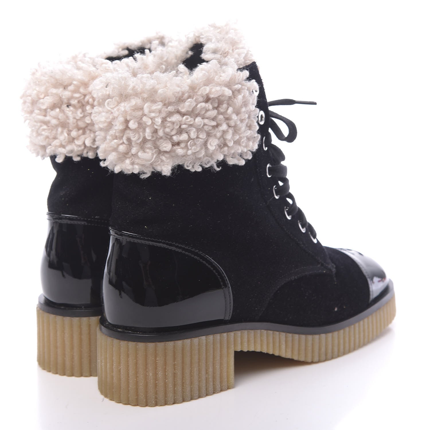 Chanel Calfskin Patent Fabric Lace Up Cap Toe CC Boots 39.5 Black Ivory 4 of 9