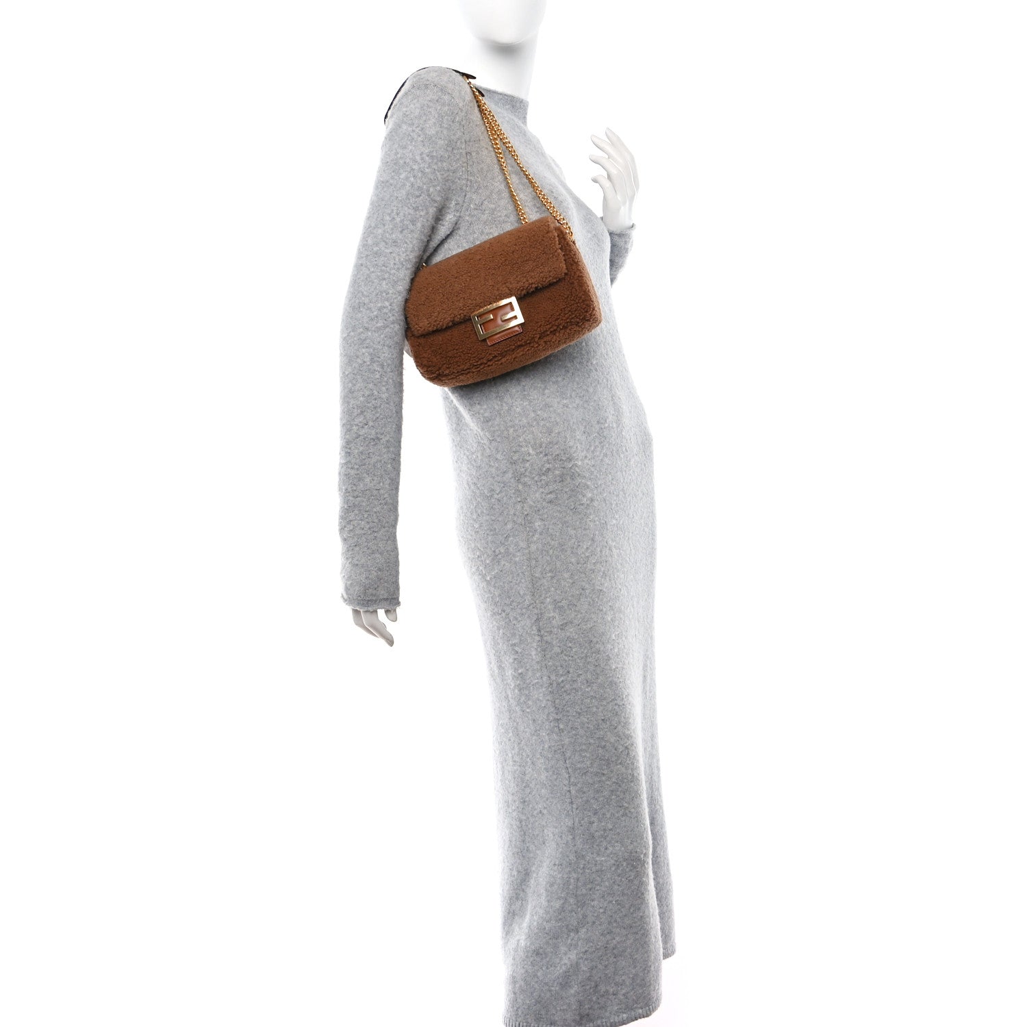 Fendi Shearling Lambskin Midi Chain Baguette Caramello 2 of 11