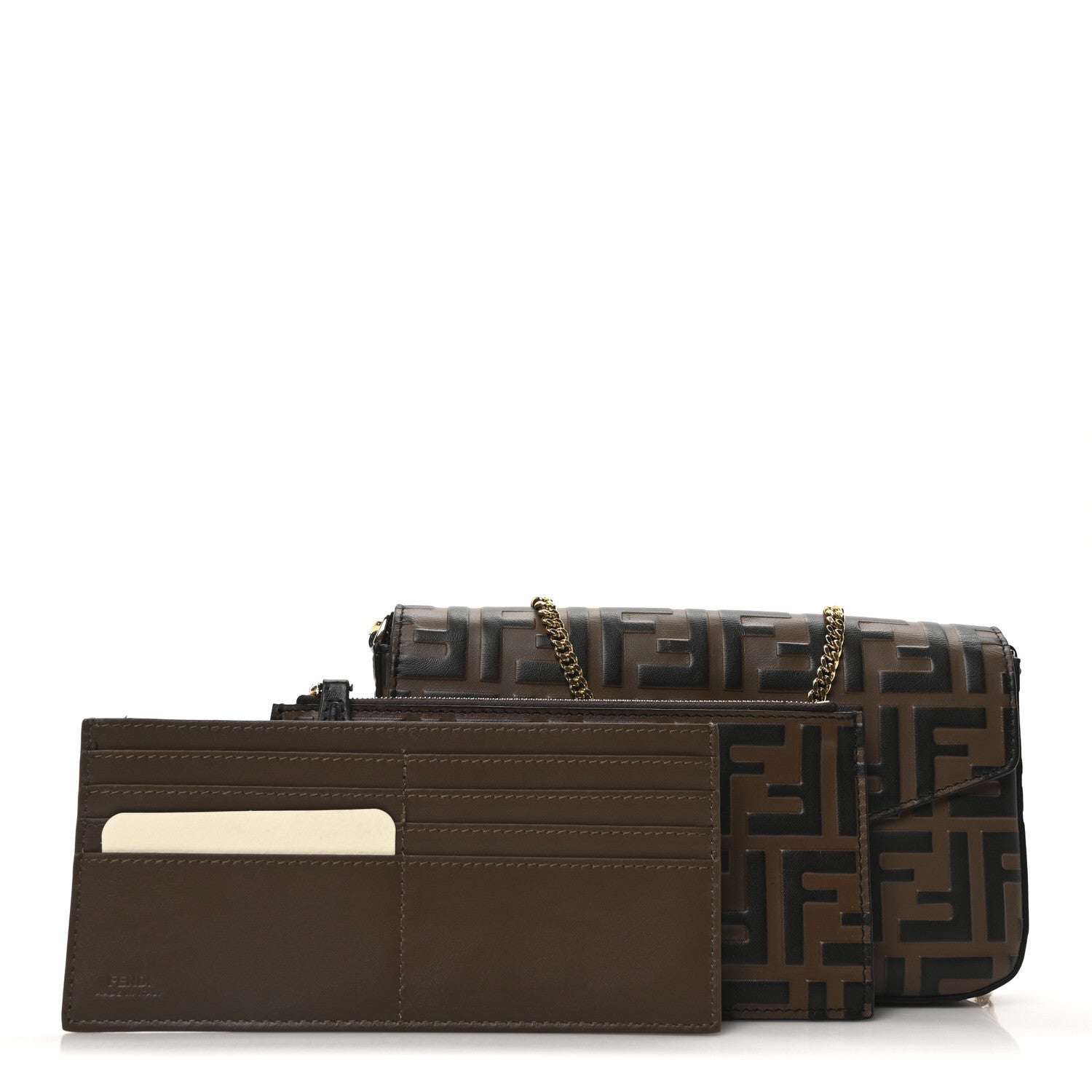 Fendi Vitello Soft F is Fendi Bi-Color FF 1974 Embossed Envelope Wallet On Chain with Pouches Maya Black 3 of 14