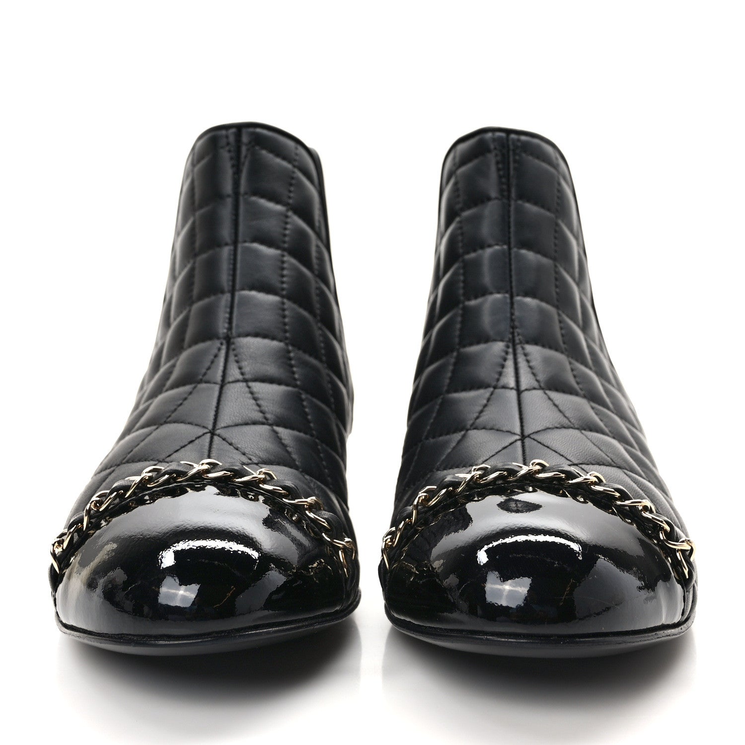 Chanel Lambskin Patent Chain Cap Toe Quilted Short Boots 38.5 Black 3 of 9