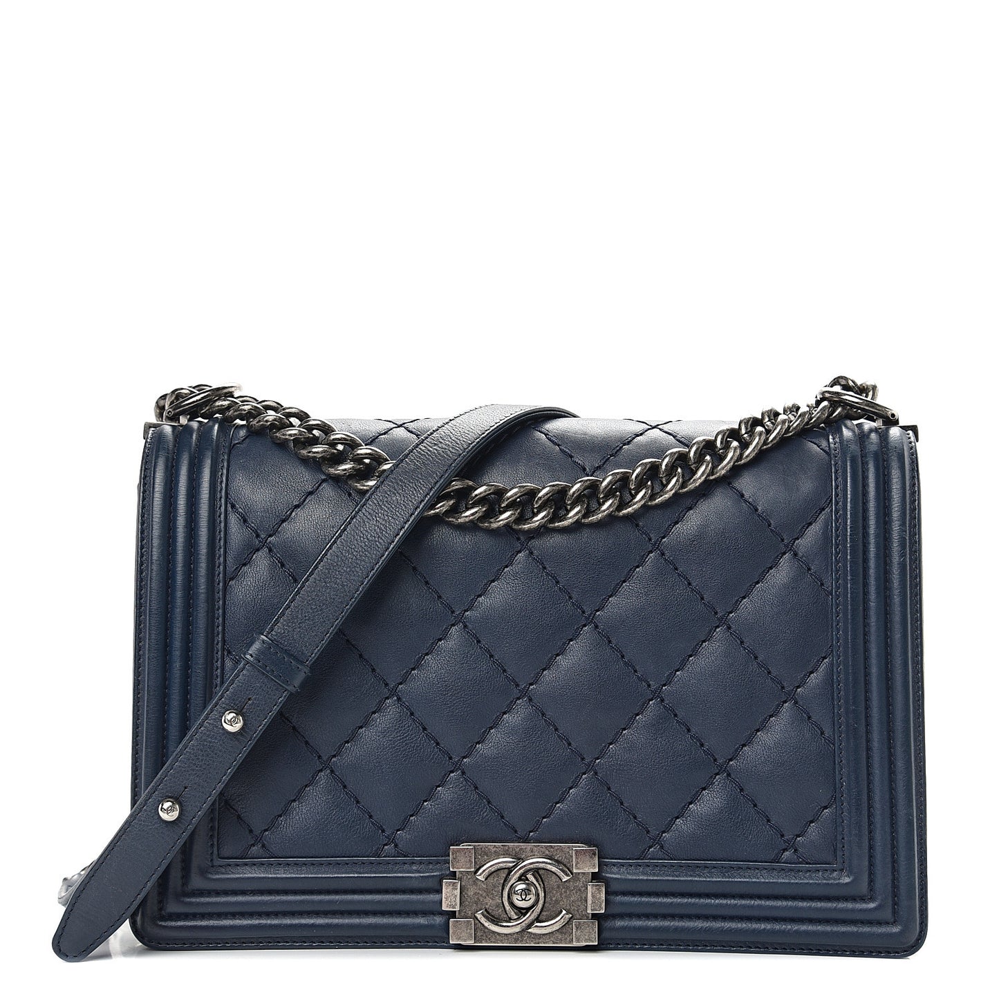 Calfskin Double Stitch New Medium Boy Flap Navy Blue