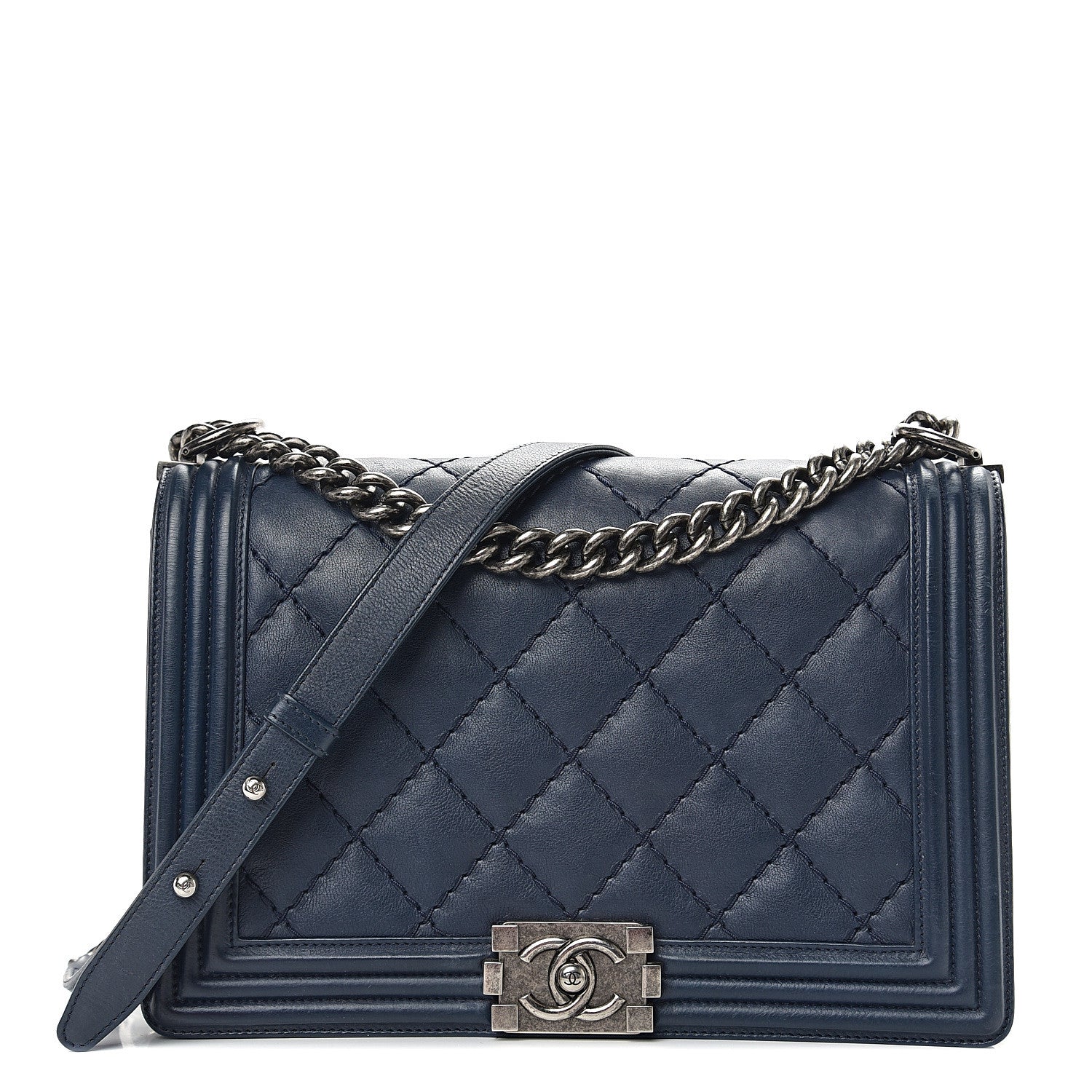 Chanel Calfskin Double Stitch New Medium Boy Flap Navy Blue 1 of 10