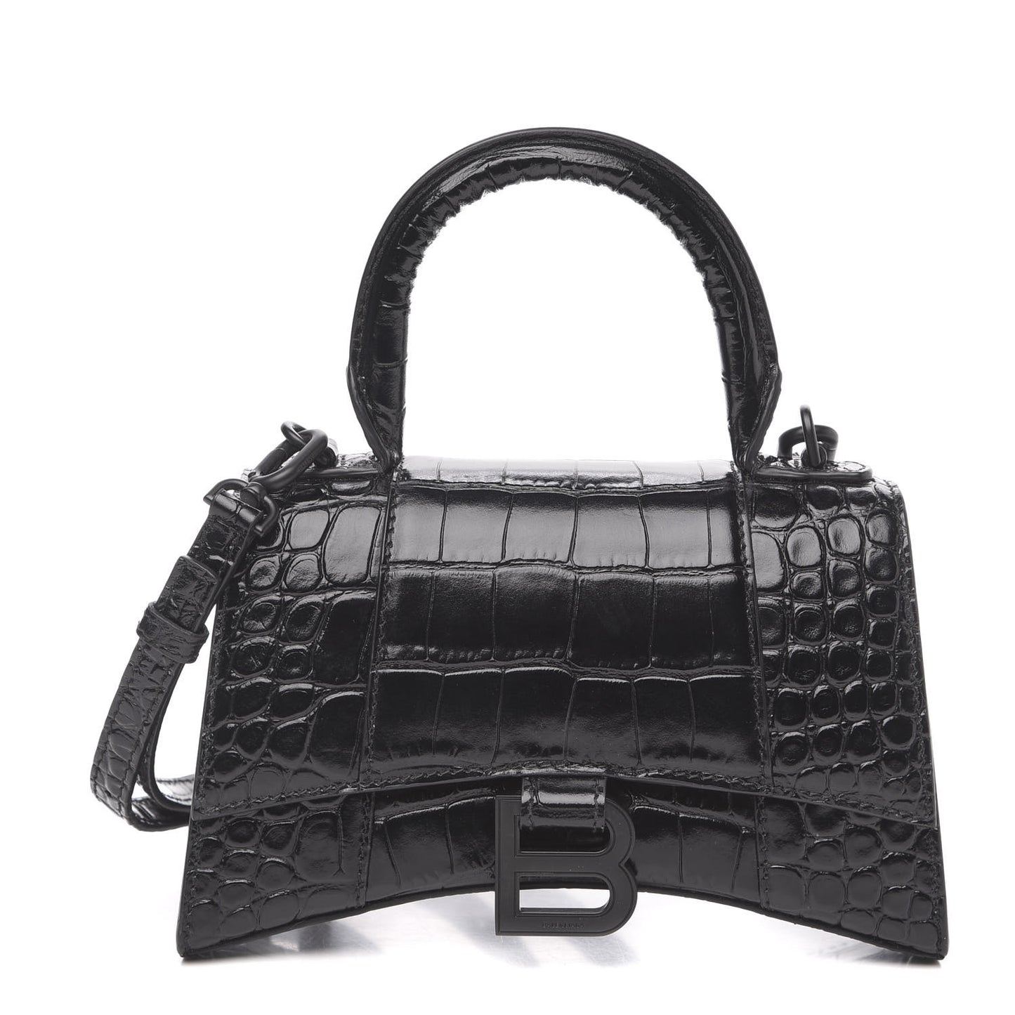 Shiny Calfskin Monochrome Crocodile Embossed Hourglass Top Handle Bag XS Black