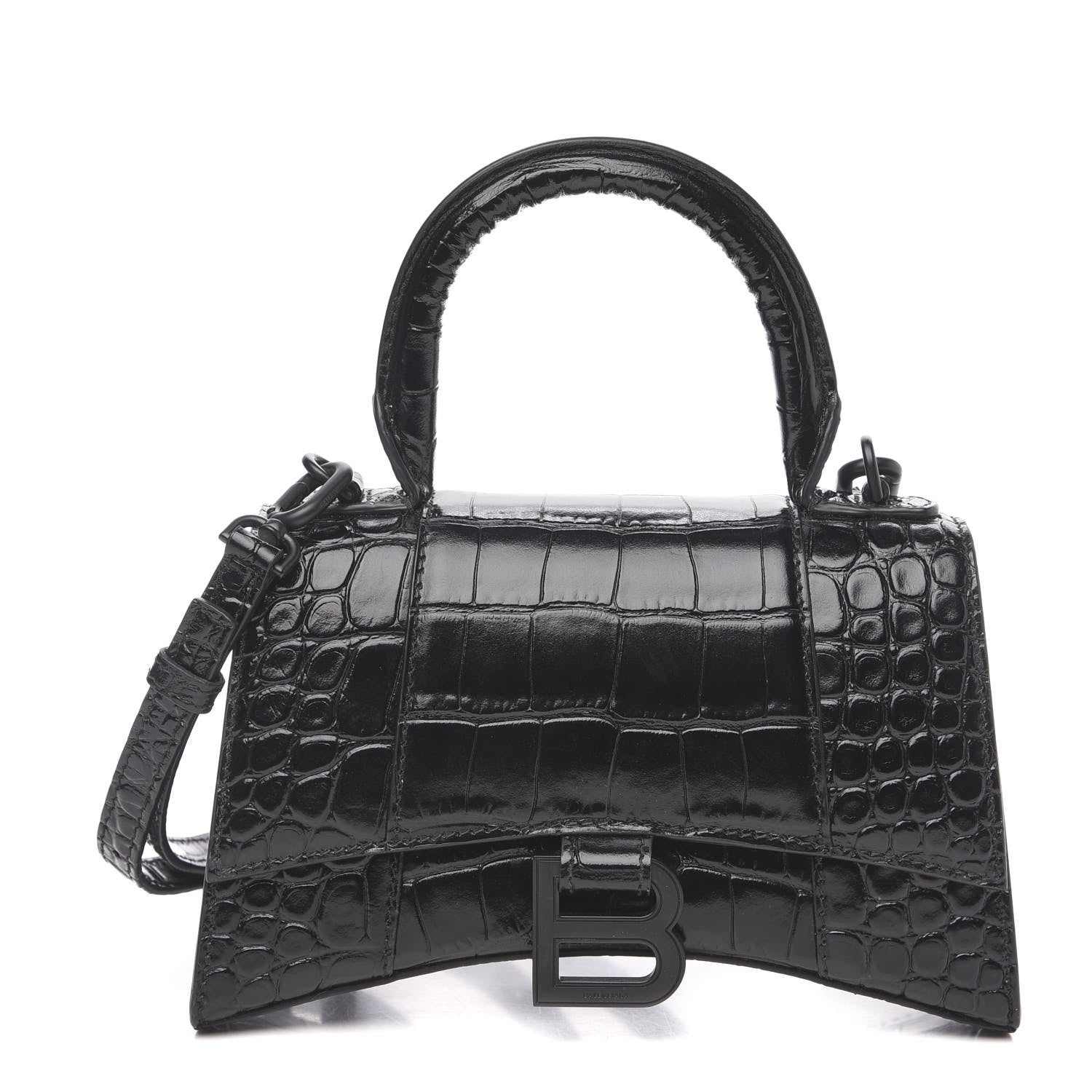 Balenciaga Shiny Calfskin Monochrome Crocodile Embossed Hourglass Top Handle Bag XS Black 1 of 8