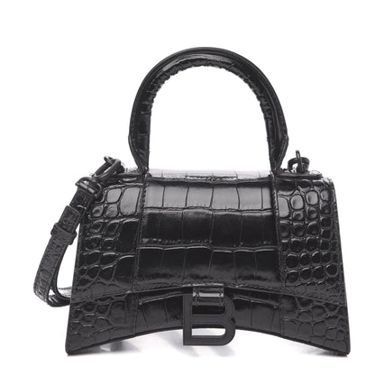 Balenciaga Shiny Calfskin Monochrome Crocodile Embossed Hourglass Top Handle Bag XS Black 1 of 8