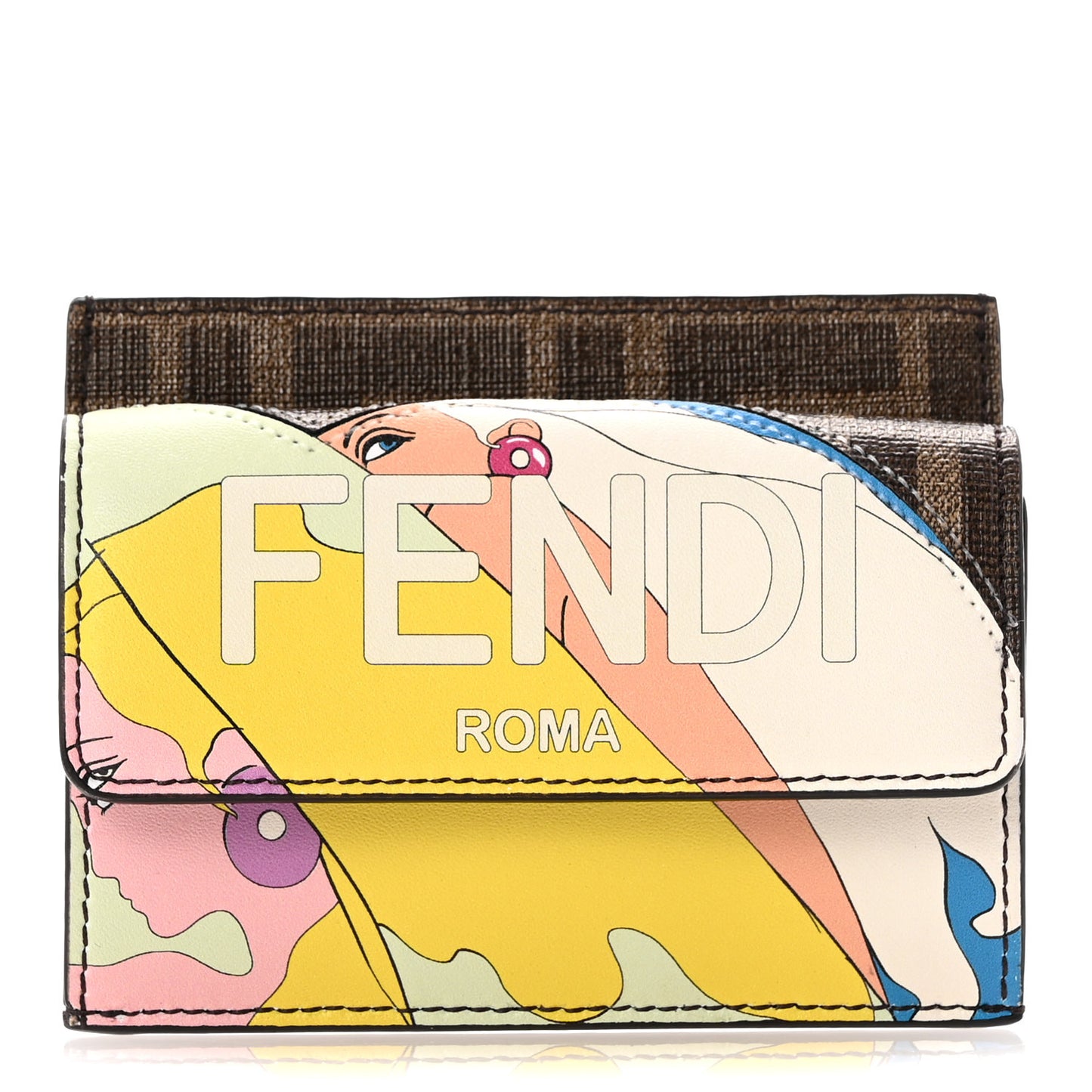 Glazed Fabric Vitello Liberty FF 1974 Logo Hairdo Girls Inlay Fold Over Card Holder Wallet Mogano Panna Multicolor