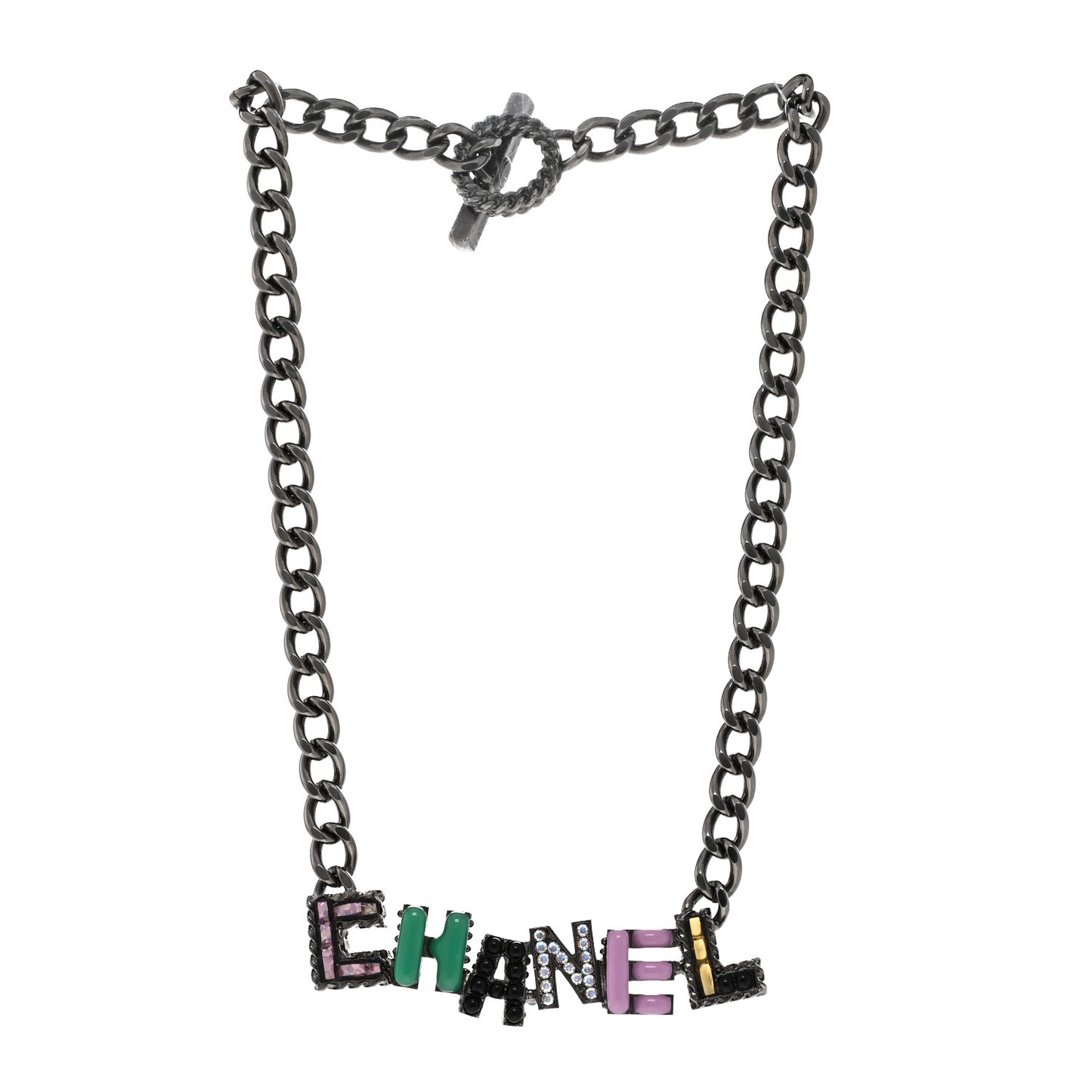 Crystal Enamel Pearl CC Logo Chain Choker Ruthenium Multicolor