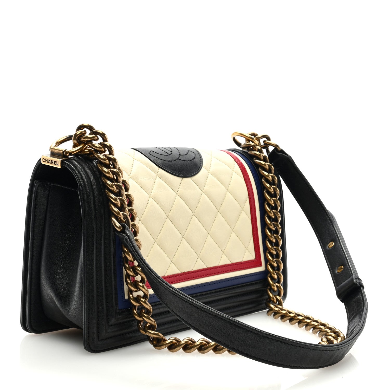 Chanel Lambskin Quilted Crest Embellished Medium Boy Flap Black White Blue 3 of 9