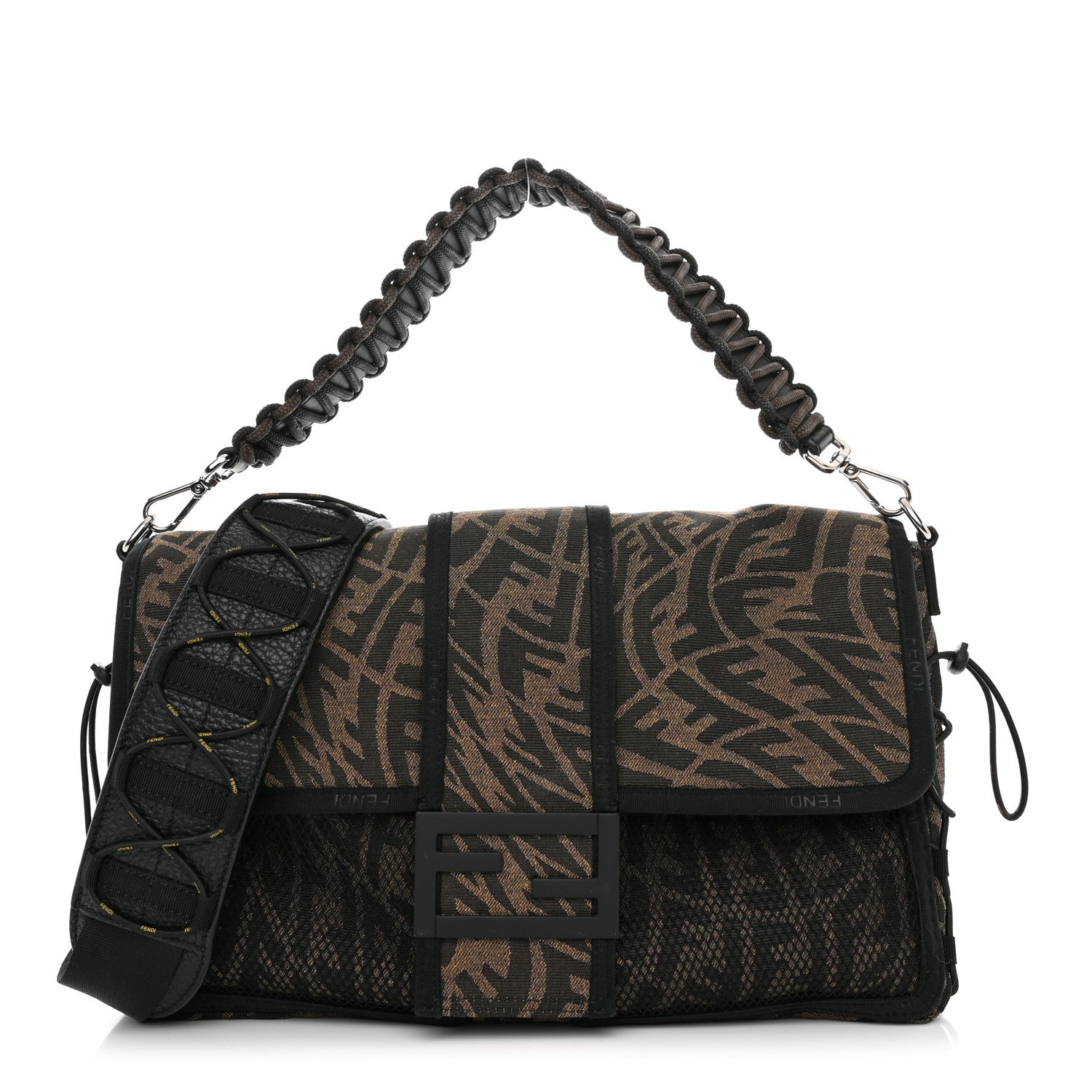 Fendi X SARAH COLEMAN Fabric Jacquard Vitello Grace FF Vertigo Woven Lanyard Large Baguette Tobacco Moro Black 1 of 11