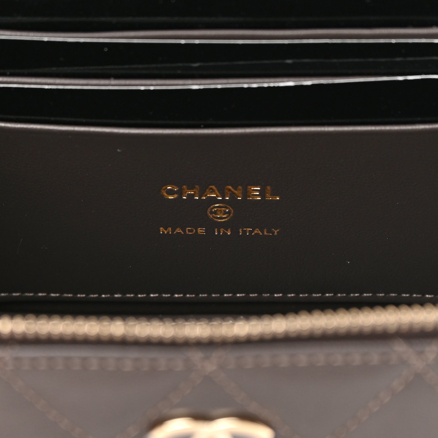 Lambskin Quilted Small Top Handle Vanity Case With Chain Dark Brown