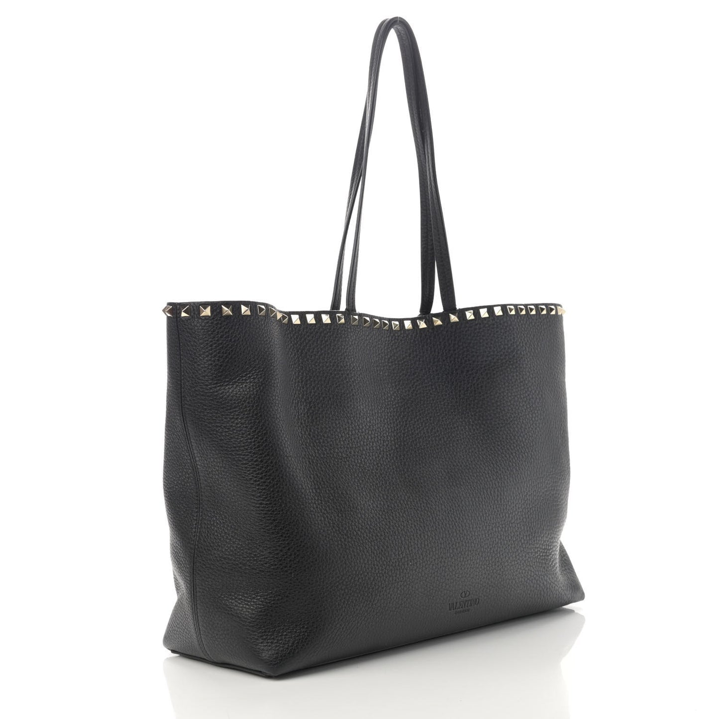 Grained Calfskin Rockstud Shoulder Tote Black