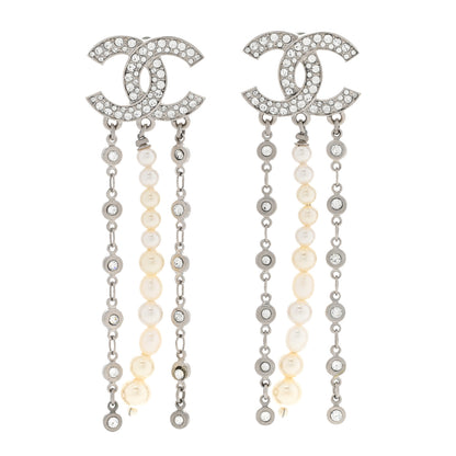 Chanel Pearl Crystal CC Chain Drop Earrings Silver 1 of 4