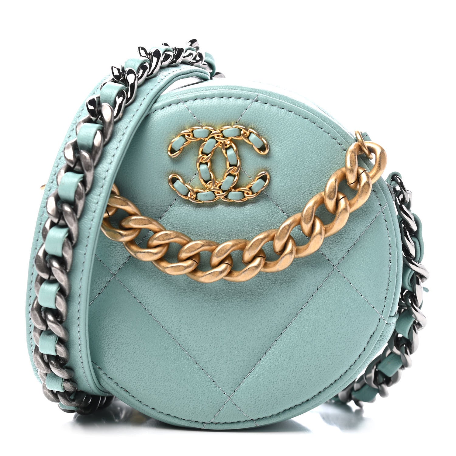 Chanel Goatskin Quilted Chanel 19 Round Clutch With Chain Light Blue 1 of 9